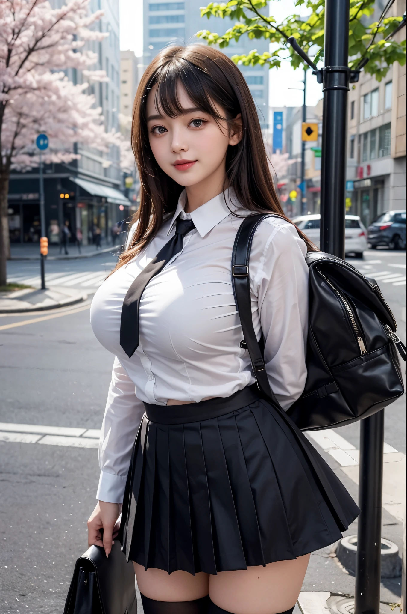 super detailed,very delicately beautiful,Female student,Cherry blossoms falling in the background,In front of a pedestrian crossing,girl standing with legs apart、Wear with stockings,Have beautiful eyes, pretty embarrassing, (show off bra:1.5)、(show off panties:1.5)、(open clothes:1.8)、(No bra:1.8)、No panties, pleated skirt, RAW photo, 8K, highest quality, ultra high resolution, Beautiful face in every detail, ideal skin, gentle expression, Front view, angle from below, realistic, cute, short skirt, cute顔 , (日本の制服を着た超realistic女子高生), whole body、(beautiful and detailed eyes),(loafers),(black very transparent stockings),(pantyhose),smile, mini skirt, black skirt, collared shirt,transparent white shirt,tie,ribbon,bangs、(very big round breasts:1.6),with short black hair,黒いribbonタイ,Depth of bounds written,He has a black fan in his hand,put the backpack aside、とてもsmile