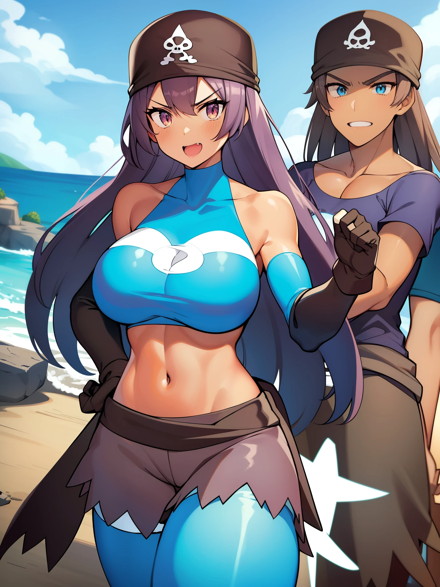 masterpiece、highest quality、Pokémon、Pirates、pirate ship、Pirate Costume、eyepatch、pirate hat、Pirate Cloak、Aqua Troupe、big tits milf、big tits milf、heavy rain on the ground、Aiming to increase the ocean、Aqua Troupeの下っ端、Kyoga、pkmntag、bandana、striped crop top、armband、black shorts、black gloves、Striped leggings、Upper body、、（（（brown skin）））+++、（（（brown skin）））+++、（（（brown skin）））+++、look at viewer、Wrinkled between the eyebrows、smile、crossed arms、big breasts、null、ocean、cloud、Rock Coast、(brown skin:0.8)