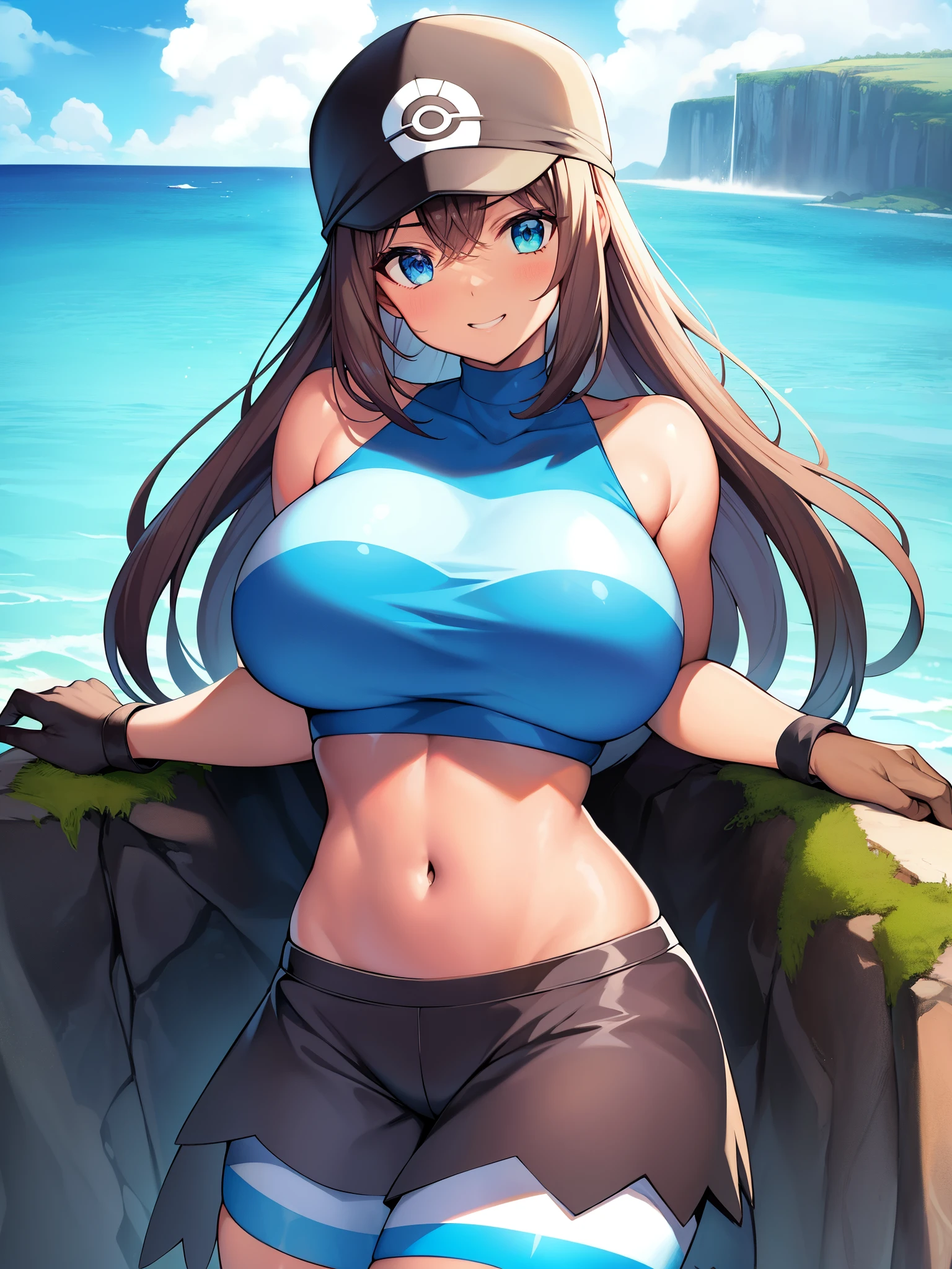 masterpiece、highest quality、Pokémon、Aqua Troupe、big tits milf、big tits milf、heavy rain on the ground、Aiming to increase the ocean、Aqua Troupeの下っ端、Kyoga、pkmntag、bandana、striped crop top、armband、black shorts、black gloves、Striped leggings、Upper body、、（（（brown skin）））+++、（（（brown skin）））+++、（（（brown skin）））+++、look at viewer、Wrinkled between the eyebrows、smile、crossed arms、big breasts、null、ocean、cloud、Rock Coast、(brown skin:0.8)