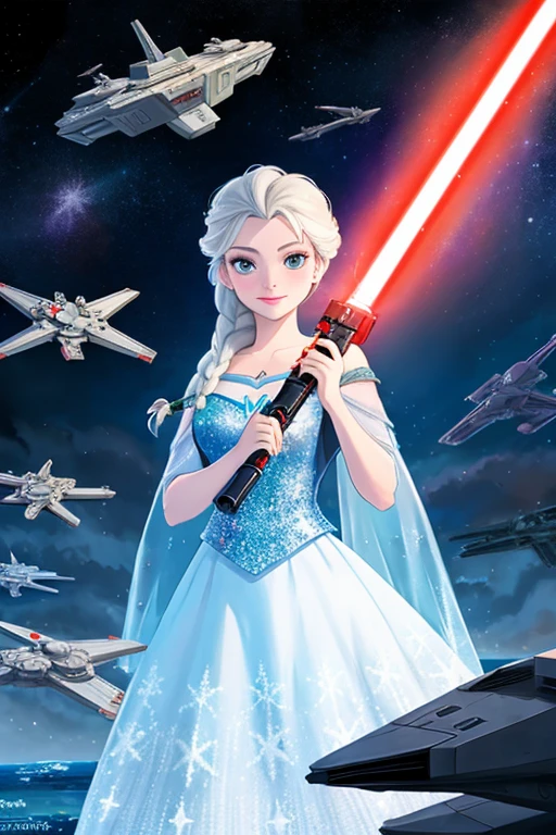 Disney princess from Frozen dressed in Sith clothes and holding a red Star Wars style lightsaber in her hands, with war spaceships in the background