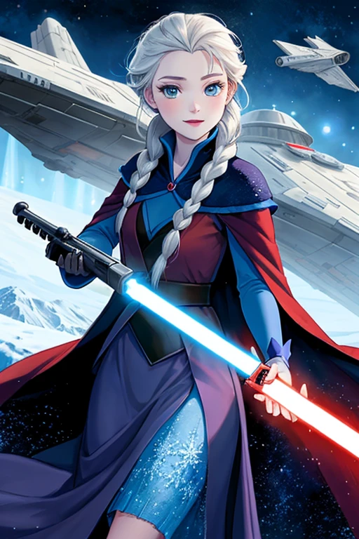 Disney princess from Frozen dressed in Sith clothes and holding a red Star Wars style lightsaber in her hands, with war spaceships in the background