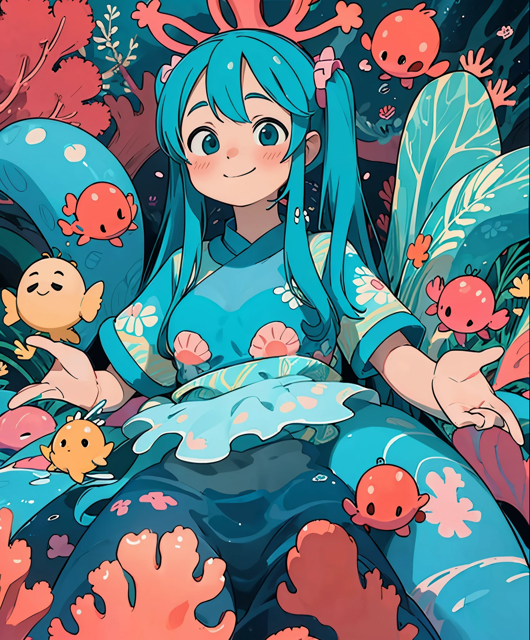 (masterpiece、highest quality、highest quality、official art、beautiful beautiful:1.2)、(1 girl:1.3)Hatsune Miku、beautiful breasts、twin tails、adorable smile、very detailed、colorful coral reef,((Kingdom in the water)),glowing underwater plants,Yayoi Kusama,dream-like,dream-like景色,various undersea creatures,colorful,colorful colorful,