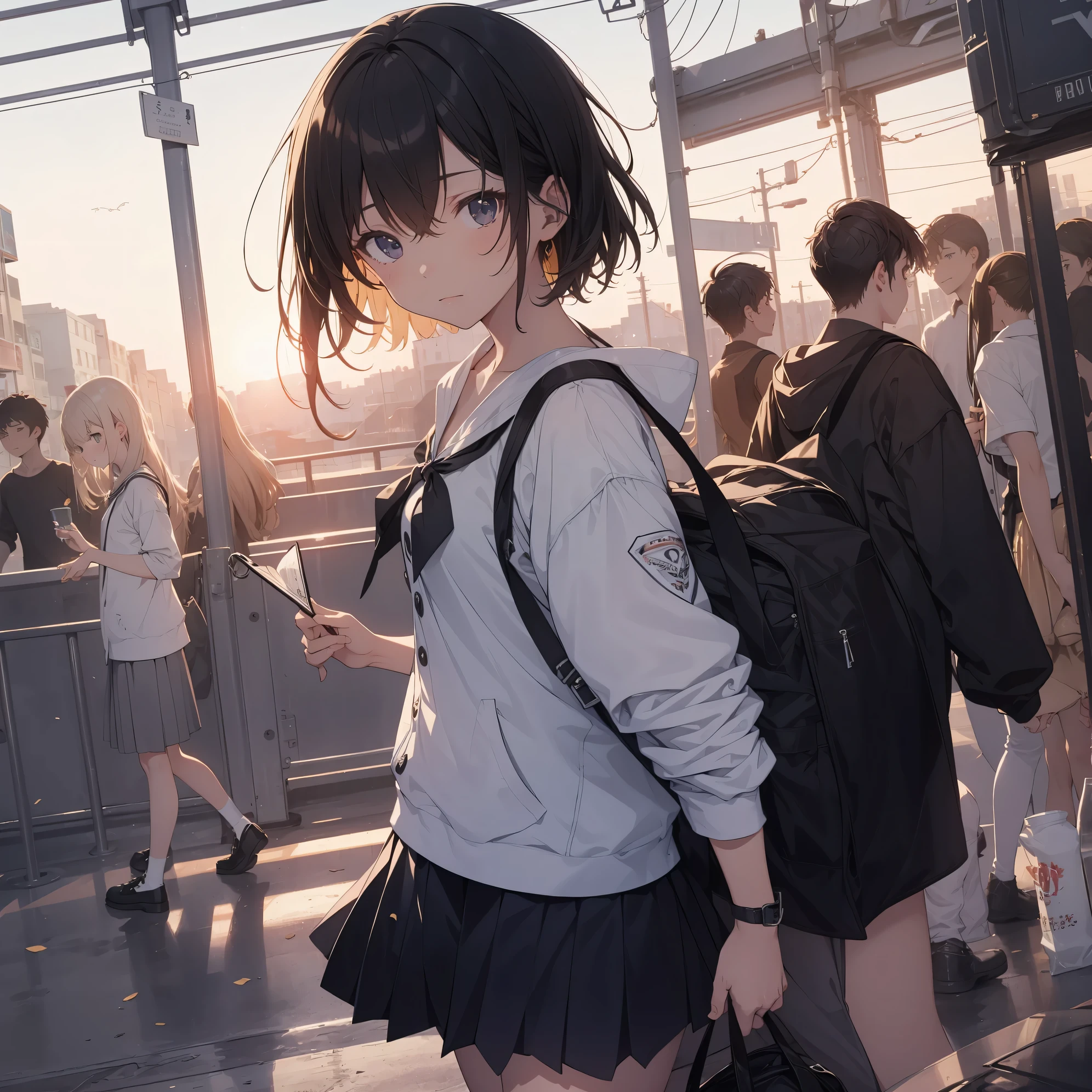Super high quality by the art god, super detailed, High resolution, anime moe art style, best anime 8K konachan wallpaper, pixiv contest winner, perfect anatomy, break,(眠そうにalone学校へ行く女の子を描いてください. )break, 1 girl, (alone,little woman, lolita, , 13 years old:1.3),All limbs, full finger,, The charm of an immature body, (very short hair), flat chest, small ass, between legs, Small black eyes, beautiful and fine eyes, Well-proportioned iris and pupils, expressive eyes,  High resolutionの詳細な髪, skirt, collared shirt, neck ribbon, pleated skirt, school uniform, shirt, white shirt, (detailed lighting), (detailed background), On the way to school. break,super dense skin, Best lighting by famous artists, 8K, figure,UHD, rough skin