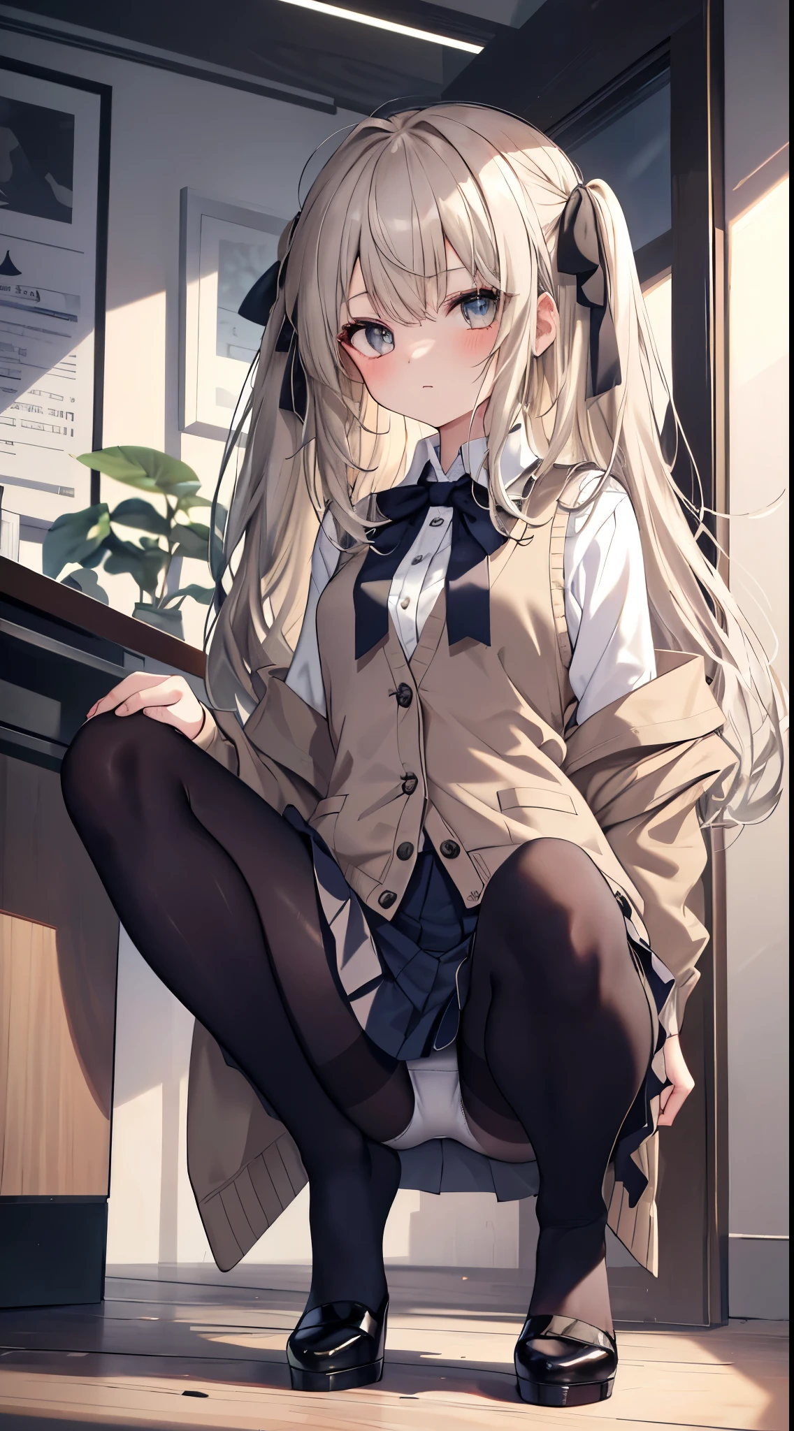 finest, masterpiece, High resolution, (Full-body view from head to toe), front, frontやや下からの構図, symmetry, 18 year old girl, alone, (whole body from head to toe), small breasts, brown hair, slightly messy hair, long hair, bangs, (black tights), ( (black pantyhose), black pantyhose, (squatting pose), (bondage), (spread your legs), (tie one'hands tied behind one's back'Came back), (her legs spread、You can see her white panties between her legs..), composition Show me your white panties, slender beautiful legs, とても美しい18 year old girl, (navy high heels), blush, shy big eyes, messy hair, looking at camera, Show me your white panties, Hide your arms behind your back, dark blue office lady uniform, dark blue pencil skirt, navy blue vest, beige cardigan