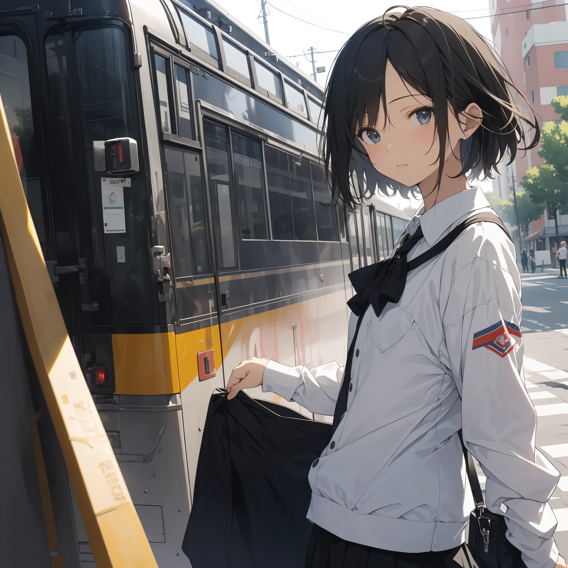 Super high quality by the art god, super detailed, High resolution, anime moe art style, best anime 8K konachan wallpaper, pixiv contest winner, perfect anatomy, break,(眠そうにalone学校へ行く女の子を描いてください. )break, 1 girl, (alone,little woman, , 13 years old:1.3),All limbs, full finger,, The charm of an immature body, (very short hair), flat chest, small ass, between legs, Small black eyes, beautiful and fine eyes, Well-proportioned iris and pupils, expressive eyes, High resolutionの詳細な髪, ribbon, skirt, collared shirt, neck ribbon, pleated skirt, school uniform, shirt, white shirt, (detailed lighting), (detailed background), On the way to school. break,super dense skin, Best lighting by famous artists, 8K, figure,UHD, rough skin