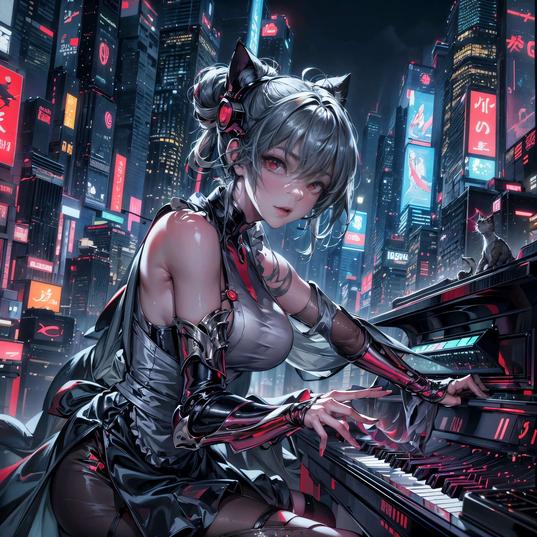 cinematic lighting,super dense skin、Beautiful quality with attention to detail,perfect anatomy,(replace、dim color, pleasant tone:1.3),mid journey anime style(Detailed beautiful facial features、red eyes:1.3)（Girl wearing a cyber style maid outfit with an apron、Girl playing the piano:1.4）、（cyberpunk style apron、hands and feet are machines:1.5）BREAK（Playing a grand piano that shines in green neon lights、highly detailed hands and feet:1.3）BREAK、(Big city buildings at night、building rooftop、overlooking a skyscraper:1.2)dynamism（the night deepens、shining moon、beautiful night:1.5）monster cat girl、whole body