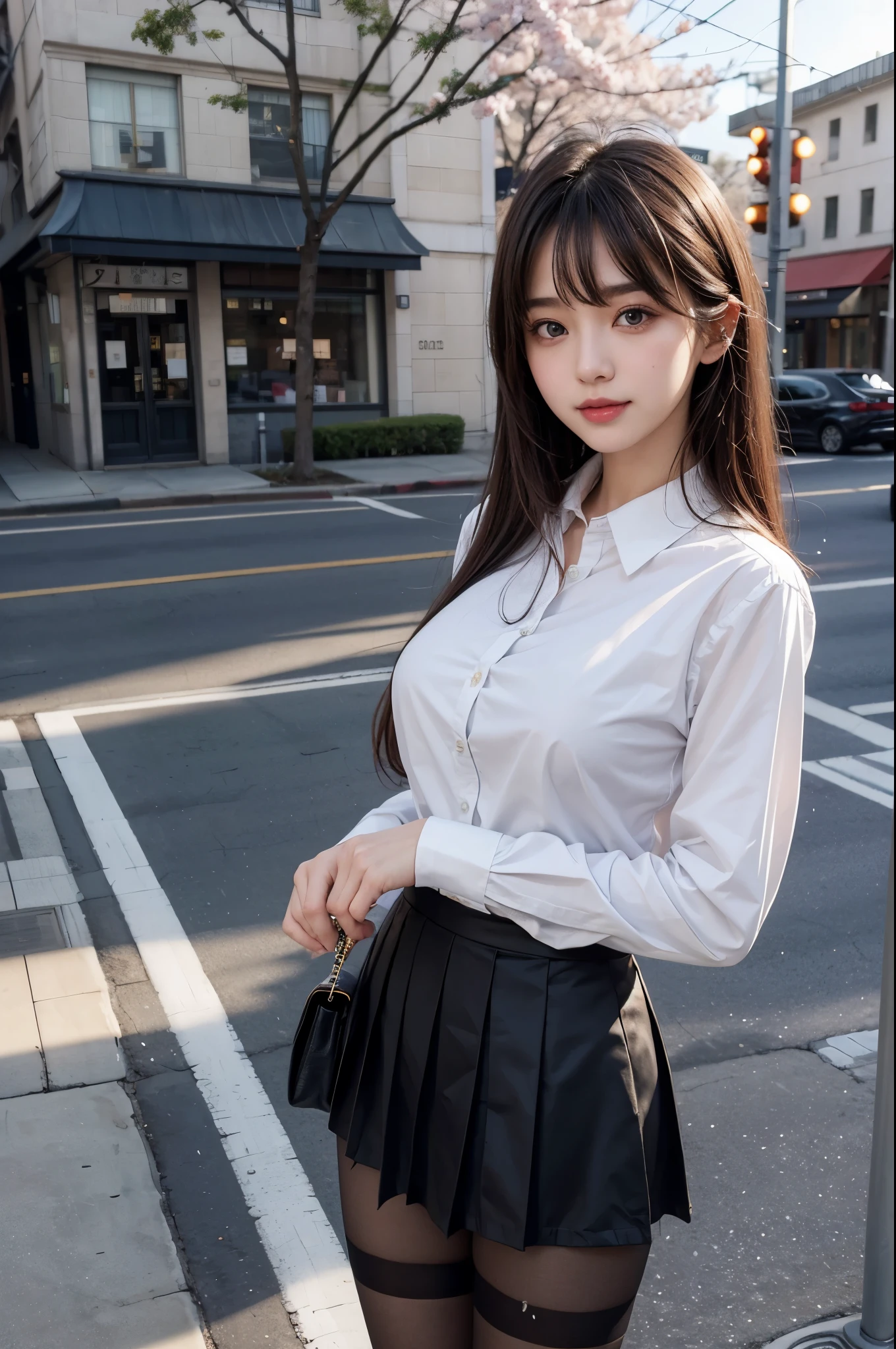 super detailed,very delicately beautiful,Female student,Cherry blossoms falling in the background,In front of a pedestrian crossing,girl standing with legs wide open、Wear with stockings,Have beautiful eyes, pretty embarrassing, (show off bra:1.5)、(show off panties:1.5)、(open clothes:1.8)、(No bra:1.8)、No panties, pleated skirt, RAW photo, 8K, highest quality, ultra high resolution, Beautiful face in every detail, ideal skin, gentle expression, Front view, angle from below, realistic, cute, short skirt, cute顔 , (日本の制服を着た超realistic女子高生), whole body、(beautiful and detailed eyes),(loafers),(black very transparent stockings),(pantyhose),smile, mini skirt, checked skirt, collared shirt,transparent white shirt,tie,ribbon,bangs、(very big round breasts:1.2),チェックのribbonタイ,Depth of bounds written,