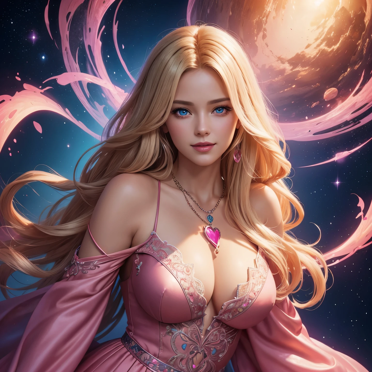 Portrait, beautiful woman with flowing blonde hair and a silky pink dress, wearing a large red glowing heartnecklace, hourglass figure, symmetrical figure, highly detailed face, beautiful face, calming blue eyes, lush pink lips, smiling, alluring, stunning digital illustration, cosmic fantasy background, beautiful digital artwork, magenta lighting, glossy digital painting, gorgeous digital art, 4k detailed digital art, beautiful digital illustration, 4k highly detailed digital art, beautiful digital art, realistic digital art 4k, realistic digital art 4k, airbrush digital art