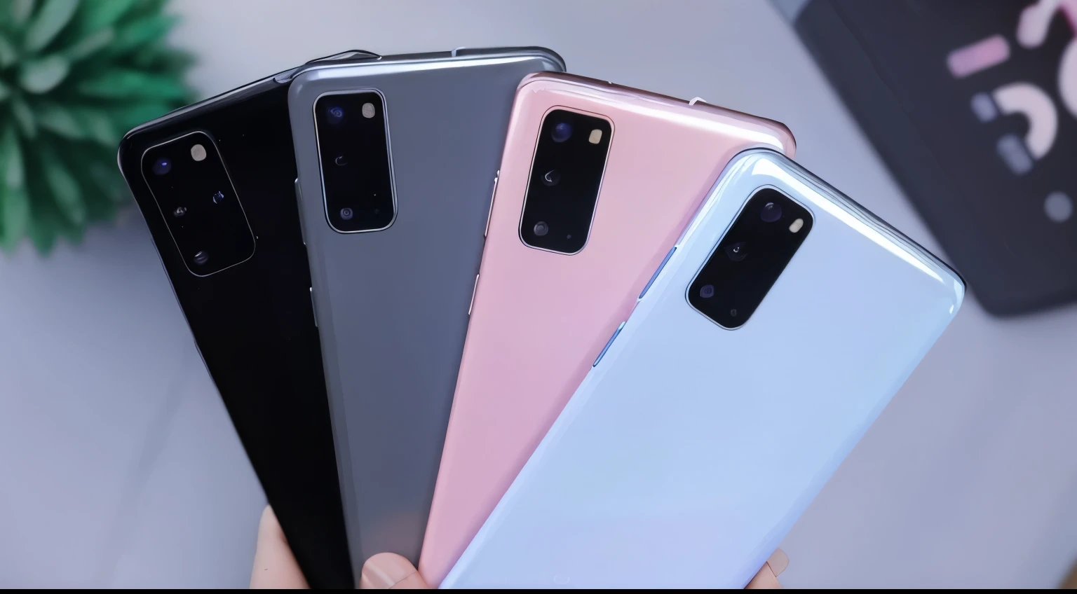 three samsung galaxy s20 and s20 plus are shown in different colors, various colors, android phones, amoled, colorful digital screens) xf iq4, front side views full, bottom angle, medium shot taken from behind, 4 colors, wide range of colors, galaxy, glossy surface, f / 2 0, smooth colors, detailed zoom photo