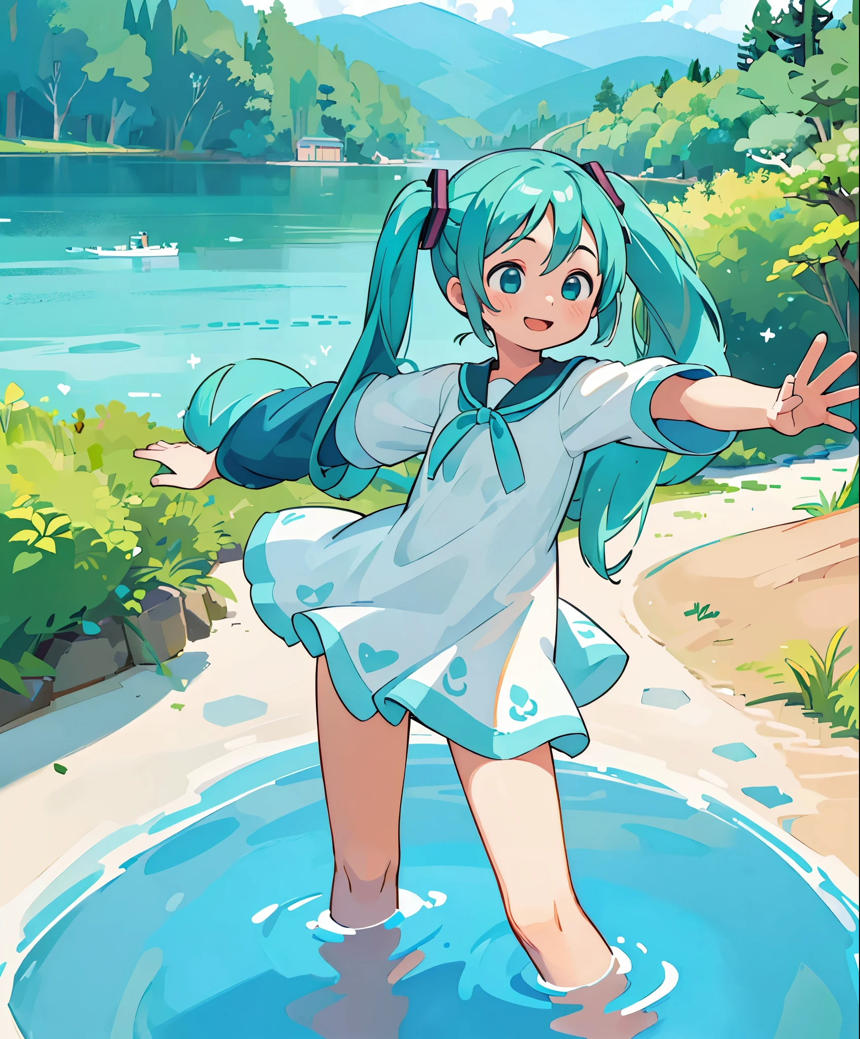 (masterpiece、highest quality、highest quality、official art、beautiful beautiful:1.2)、(1 girl:1.3)Hatsune Miku、beautiful breasts、twin tails、adorable smile、very detailed、16 year old girl,Waving with a remote island in the background,Summery white dress