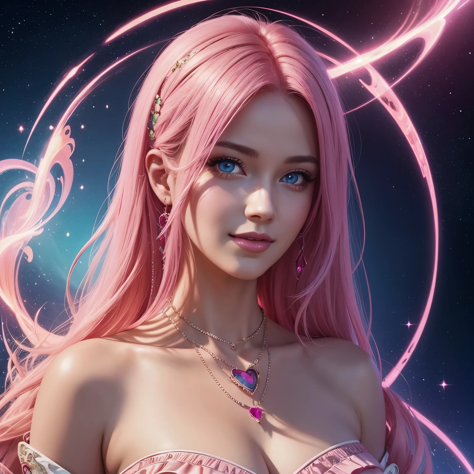 Portrait, beautiful woman with pink hair and a silky pink dress, wearing a large red glowing heart-shaped pendent necklace, hourglass figure, symmetrical figure, highly detailed face, beautiful face, calming blue eyes, lush pink lips, smiling, alluring, stunning digital illustration, cosmic fantasy background, beautiful digital artwork, magenta lighting, glossy digital painting, gorgeous digital art, 4k detailed digital art, beautiful digital illustration, 4k highly detailed digital art, beautiful digital art, realistic digital art 4k, realistic digital art 4k, airbrush digital art