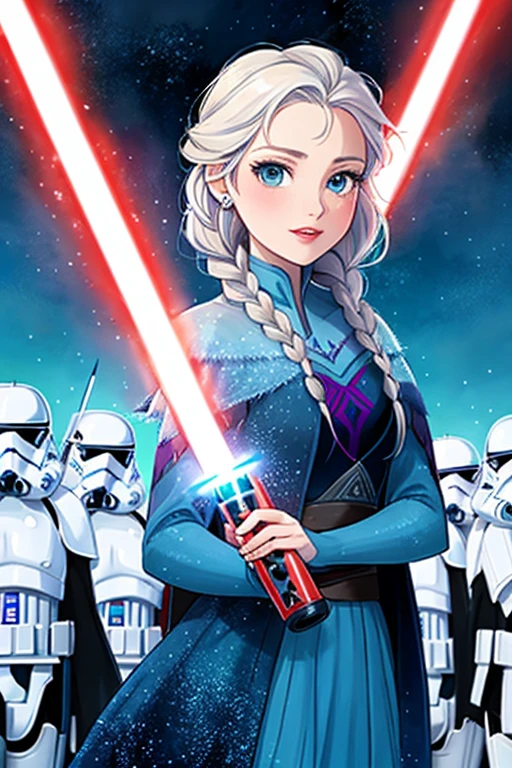 Disney princess from Frozen dressed in a black Sith robe and holding a red Star Wars-style lightsaber in her hands, with the clone army in the background