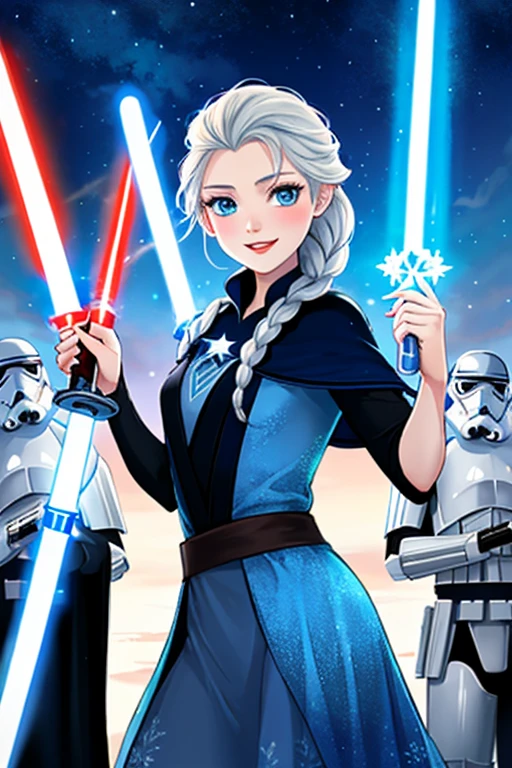 Disney princess from Frozen dressed in Sith tunic clothing and holding a red Star Wars style lightsaber in her hands, with clone army in the background