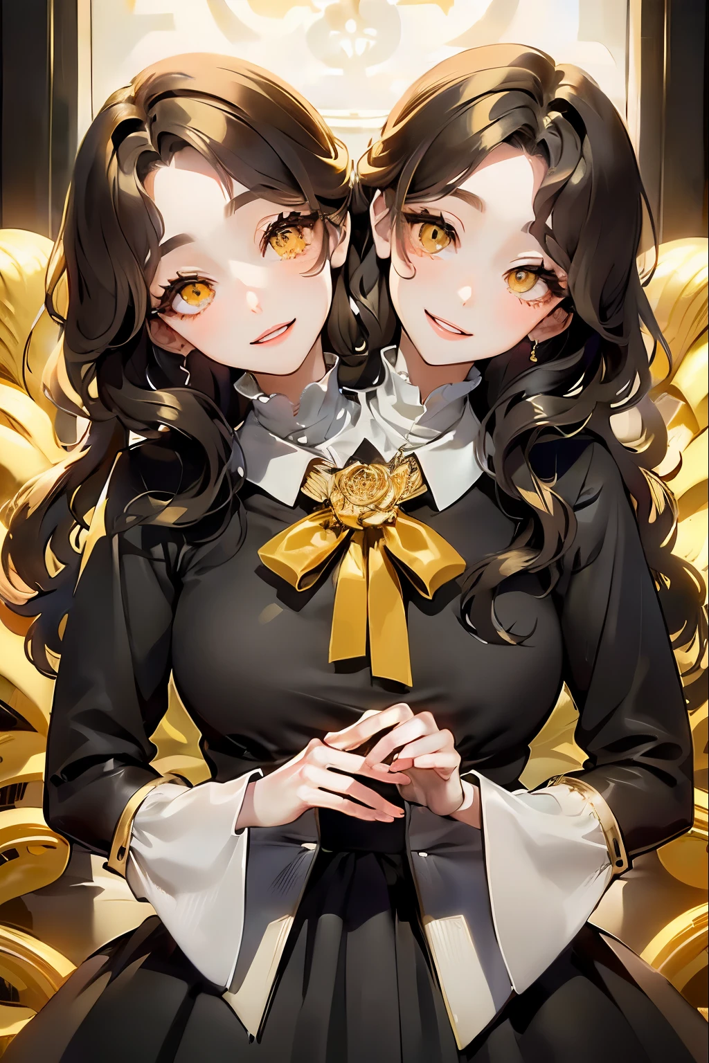 (Two heads), (masterpiece, best quality), best resolution, (2heads:1.5), 1girl1woman, ((long wavy hair)), swept bangs, ((golden eyes)), smile, modern clothes,