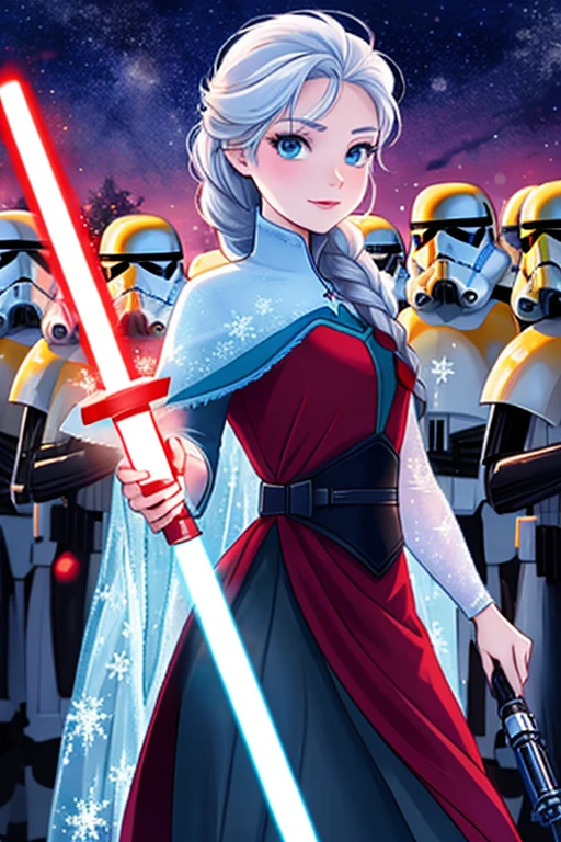 Disney princess from Frozen dressed in Sith tunic clothing and holding a red Star Wars style lightsaber in her hands, with clone army in the background