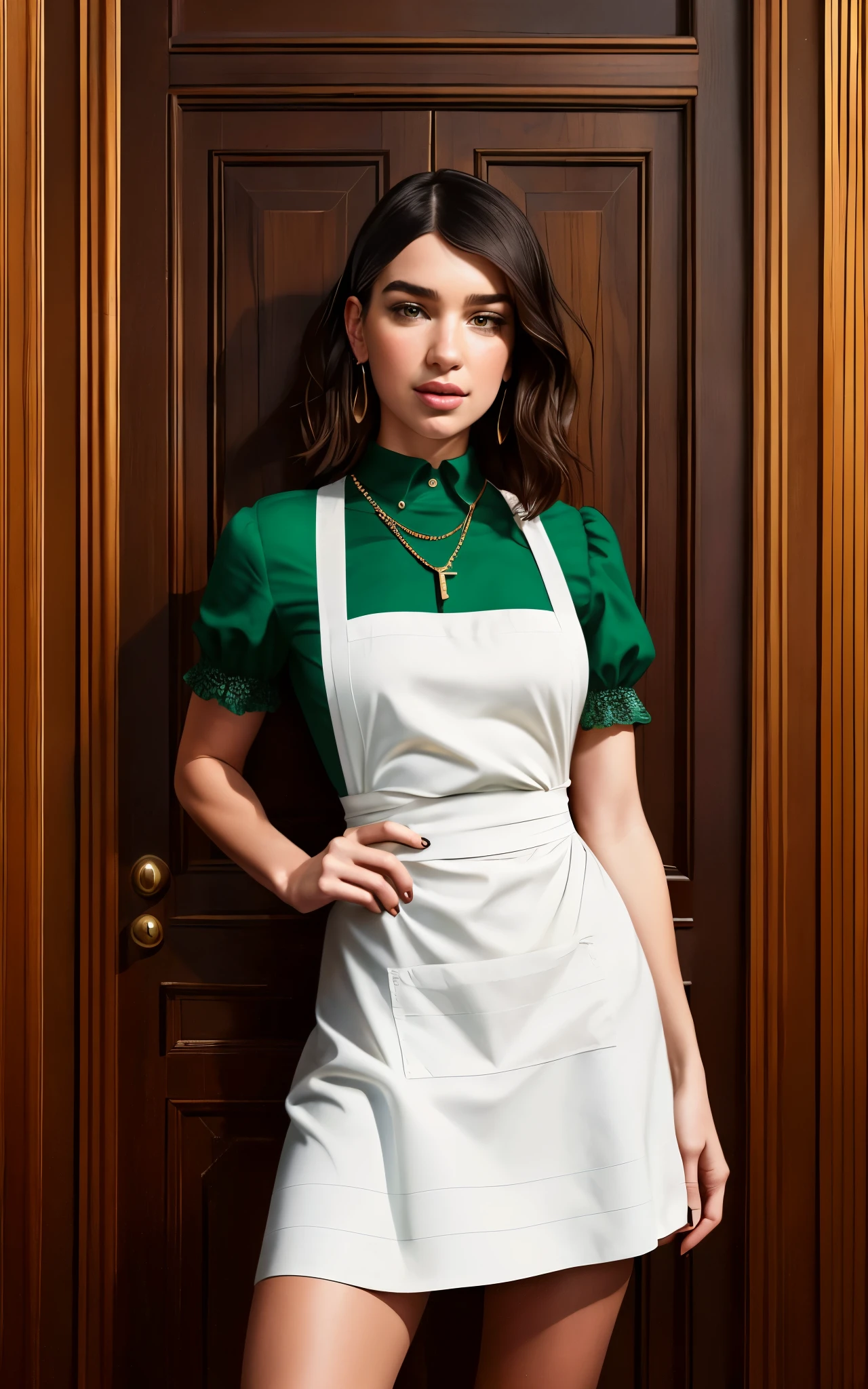 (Dua Lipa:Evangeline Lilly) waitress, ((white apron)), ((green shirt)), 1920 style, masterpiece, Lovecraft atmosphere, (pendant of a key), hyperdetailed, ((rule of thirds))