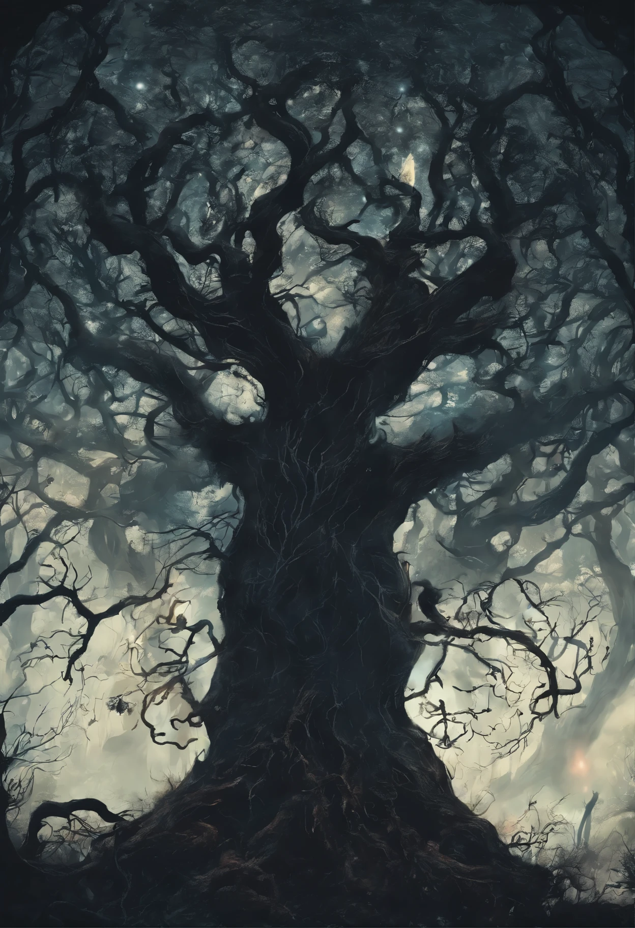 (best quality,4k,8k,highres,masterpiece:1.2),ultra-detailed,(realistic,photorealistic,photo-realistic:1.37),haunted woods,mystical feeling,ominous,enchanted forest,dark shadows,mysterious fog,ancient trees,twisted branches,gloomy atmosphere,ethereal glow,silhouettes of creatures,dappled moonlight,whispering winds,Eldritch magic,haunting spirits,unearthly presence,ghostly apparitions,eerie sounds,crunching leaves underfoot,tangled vines,shimmering mist,enchanted whispers,distant howls,ominous silence,spiderwebs glistening with dew,moonlit path,hidden secrets,lost souls wandering,Limbo realm,void between worlds,senses heightened,heart pounding,thrilling anticipation,supernatural aura,uncanny stillness,dark rituals,otherworldly energy,cloaked figures,whispering trees,occult symbols,haunting echoes
