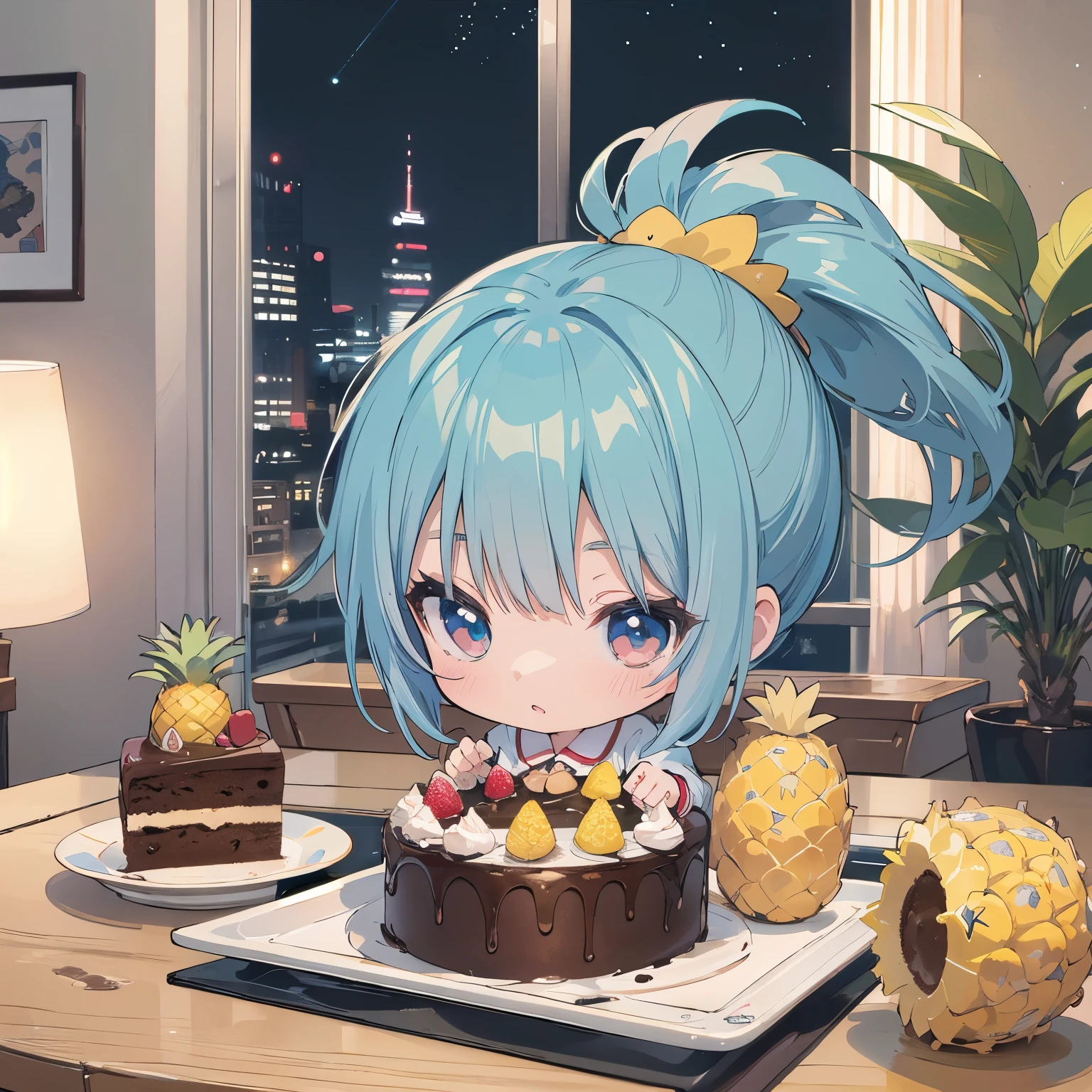  bedroom, chibi in one piece pajamas holding a pineapple, passion color, anime art wallpaper 8k, masterpeace, gweiz style artwork, soft anime illustration, gweiz art station pixiv, Google on Pix Art station, chibi , pineapple, light blue chignon hair,stay night,full body,Extra large chocolate cake on the table