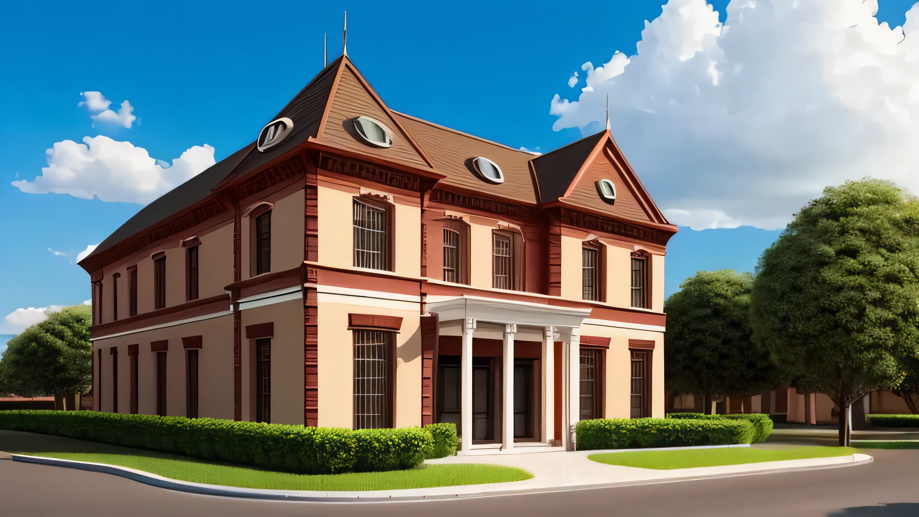 big old style vintage building, wide angle image,  cinematic lights