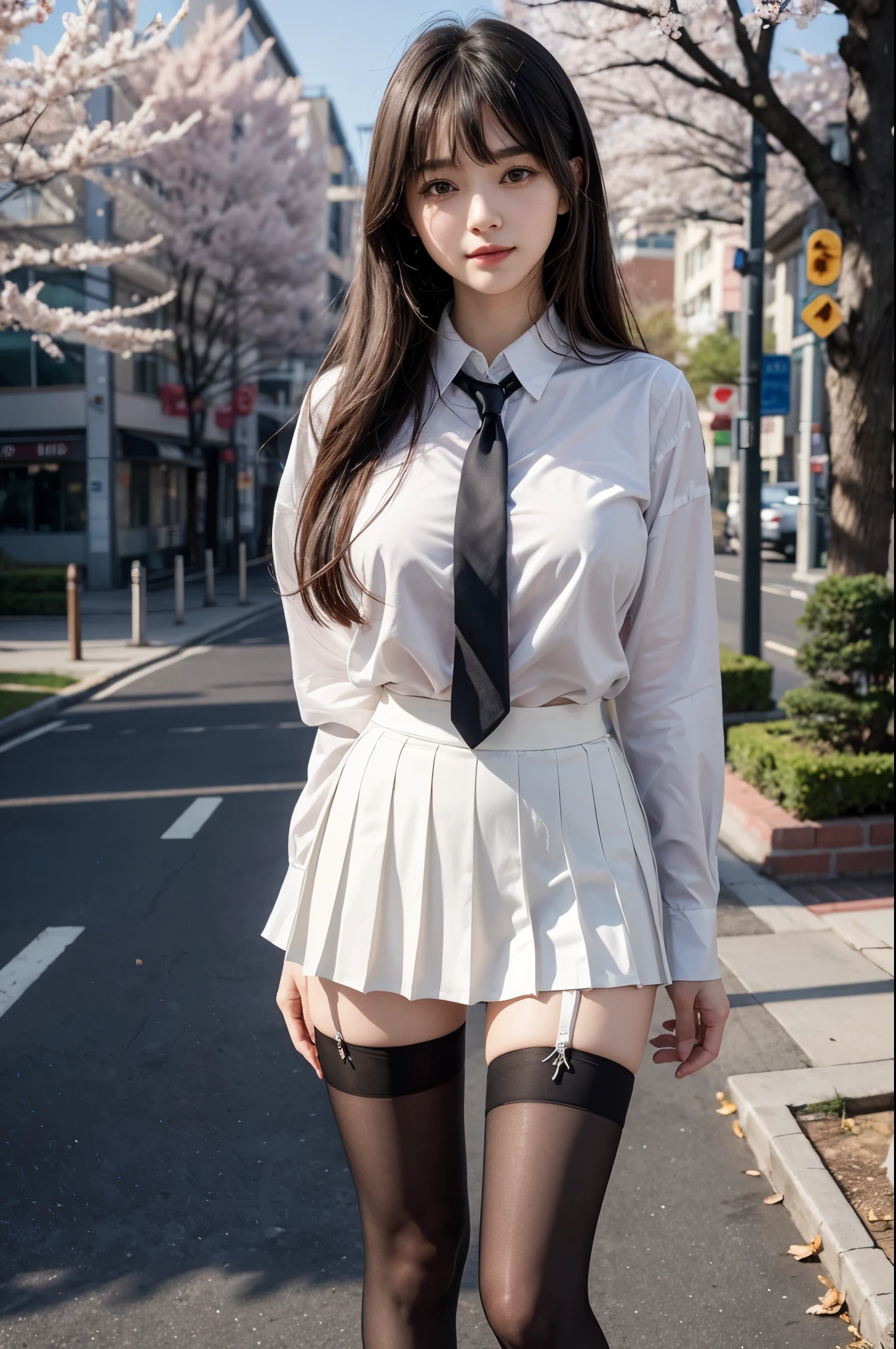 super detailed,very delicately beautiful,Female student,Cherry blossoms falling in the background,In front of a pedestrian crossing,（girl standing with legs wide open）、Wear with stockings,Have beautiful eyes, pretty embarrassing, （show off bra:1.5）、（show off panties:1.5）、（open clothes:1.8）、（No bra:1.8）、No panties, pleated skirt, RAW photo, 8K, highest quality, ultra high resolution, Beautiful face in every detail, ideal skin, gentle expression, Front view, angle from below, realistic, cute, short skirt, cute顔 , （日本の制服を着た超realistic女子高生）, whole body、（beautiful and detailed eyes）,（loafers）,(black very transparent stockings),(pantyhose),smile, （mini skirt, checked skirt）, collared shirt,transparent white shirt,tie,bangs、(very big round breasts:1.2),（Check Ribbon Tie）,Depth of bounds written,