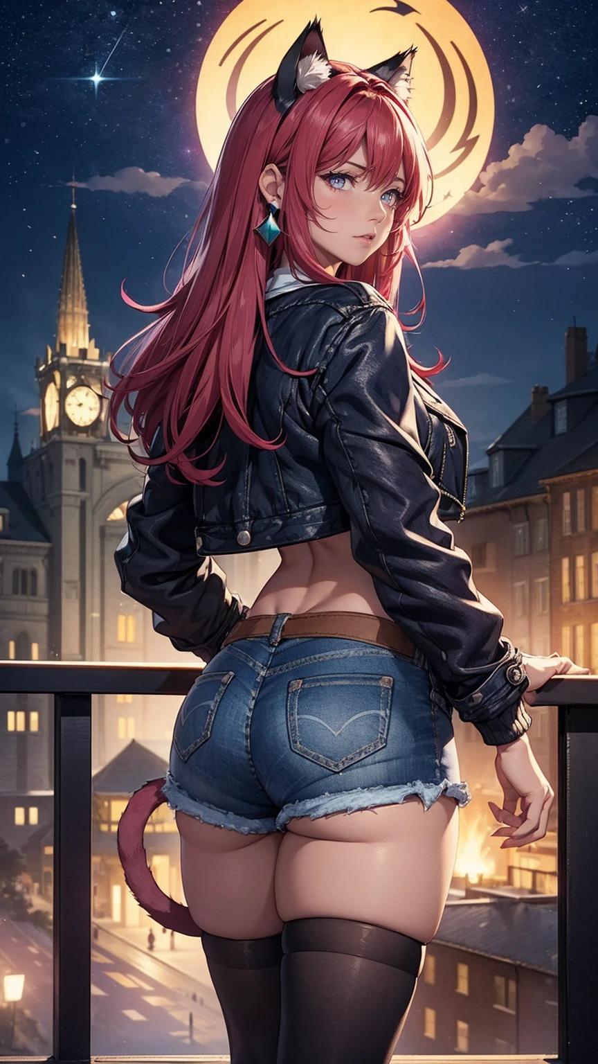 ((((masterpiece, profile, (dark purple eyes) pink lisptick, back, back, ass, butt)), ((Extremely detailed, ambient soft lighting, 4k, perfect eyes, a perfect face, perfect lighting, a 1girl, animal ears, black thighs, (cat ears, cat's ear cat tail), closed mouth, collarbone, Covered, crop-top, facial mark, ((neck, jacket, mini short, short jeans, mini short jeans)), lips, looking to viewer, 独奏, tail, Curvy hips, Lush, tights in a mesh)), standing on a tower, cityscape in the background with church, (starry night), crescent moon)), TakashiroHiroko, 1girl, mature woman, alone, cowboy shot, looking at viewer, blushing, dark purple eyes, long hair, red hair, earrings, jewelry