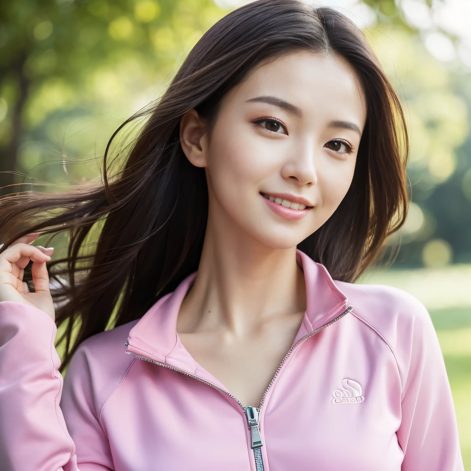 (highest quality、table top、8K、best image quality、Award-winning work)、one beautiful woman、Shining beautiful skin、(Take off your perfect pink tracksuit:1.1)、(She takes off her tracksuit and reveals her bare chest.:1.3)、(Fully unzip all tracksuit zippers:1.2)、(take off exact tracksuit:1.2)、Shining ultra-high definition skin、(accurate anatomy:1.2)、A gentle smile looking at me、(Photo from bare chest up:1.3)、(fully expose the naked chest:1.3)、(close up of face:1.4)、(Faces are very close:1.3)、(Blurry park background:1.1)、portrait photography、(draw softly and smoothly:1.1)、(very bright and vivid:1.1)、光を受けてShining beautiful skin、(very bright and refreshing:1.1)、(the most detailed and perfect face:1.1)、(most detailed glowing eyes:1.1)、(beautiful and moisturized skin:1.1)、[clavicle]、Ultra High Definition Face、ultra high definition hair、Ultra high definition perfect teeth