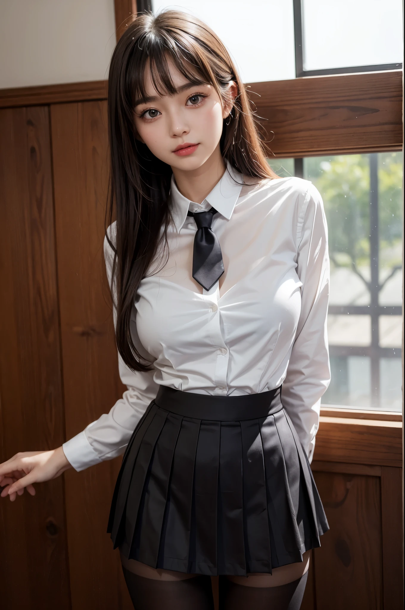super detailed,very delicately beautiful,Female student,In town,holding on to a stick、(Sticking out her beautiful butt to the camera)、Turning around and looking at the camera、back view、Wear with stockings,Have beautiful eyes, pretty embarrassing, (show off bra:1.5)、(show off panties:1.5)、(open clothes:1.8)、(No bra:1.8)、No panties, pleated skirt, RAW photo, 8K, highest quality, ultra high resolution, Beautiful face in every detail, ideal skin, gentle expression, Front view, angle from below, realistic, cute, short skirt, cute顔 , (日本の制服を着た超realistic女子高生), whole body、(beautiful and detailed eyes),(loafers),(black very transparent stockings),(pantyhose),smile, (mini skirt, checked skirt), collared shirt,transparent white shirt,tie,bangs、(very big round breasts:1.2),(Check Ribbon Tie),Depth of bounds written,