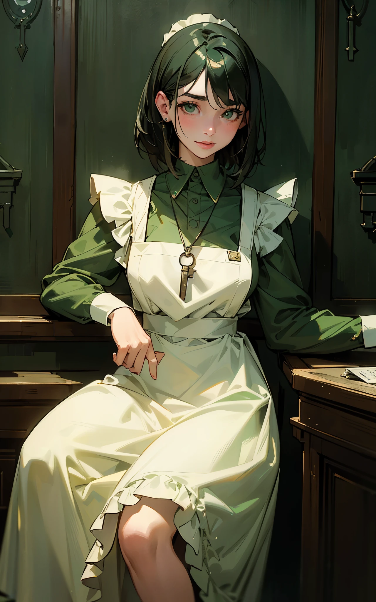 (Dua Lipa:Evangeline Lilly) waitress, ((white apron)), ((green shirt)), 1920 style, masterpiece, Lovecraft atmosphere, (pendant of a key), hyperdetailed, ((rule of thirds))