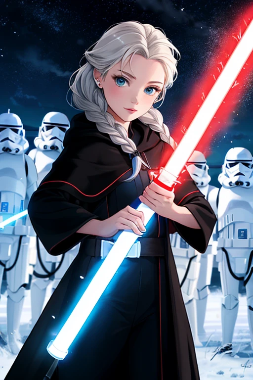 Disney princess from Frozen dressed in a black Sith robe and holding a red Star Wars-style lightsaber in her hands, with the clone army in the background