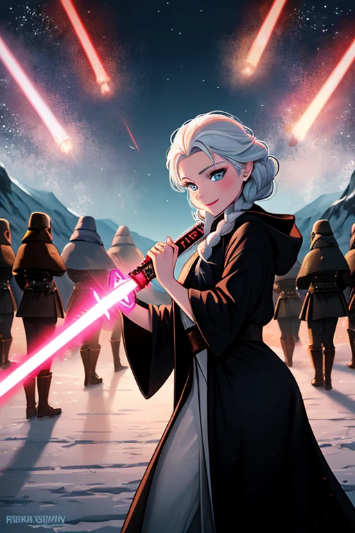 Disney princess from Frozen dressed in a black Sith robe and holding a red Star Wars-style lightsaber in her hands, with the clone army in the background