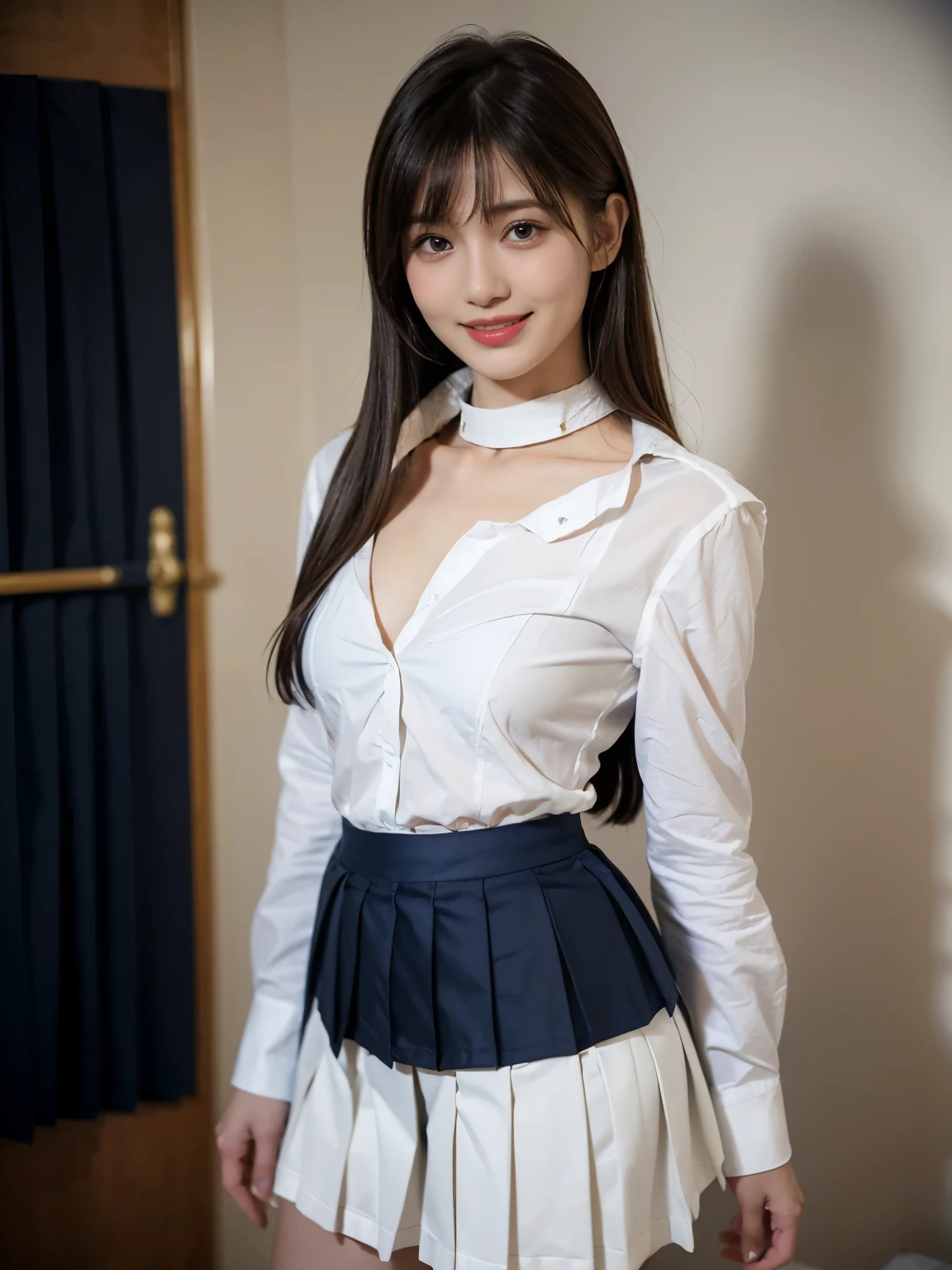 ((((highest quality))))、(((Ultra-precision CG16K wallpaper)))、(((masterpiece)))、(((Super detailed)))、(((super extreme details)))、１people&#39;s women、mature woman、25 year old woman、((Japanese face))、((very beautiful face))、((Minami Tanaka:1.5))、((straight medium hair:1.3))、(shiny hair)、bangs up to eyebrows、beautiful brown hair、beautiful delicate eyes、brown eyes、raised eyebrows、high nose、small nostrils、small mouth、seductive lips、mouth slightly open、beautiful breasts、C cup size breasts、cleavage、plump body、perfect proportions、perfect anatomy、perfect composition、beautiful detailed shading、beautiful natural lighting、beautiful detail glow、Depth of bounds written、(((High chroma)))、(((real:1.9)))、((vivid:1.4))、((beautiful skin))、((skin texture))、((realな皮膚感))、(((cowboy shot:1.5)))、((Angle seen from the front:1.5))、((smile:1.4))、(Eyes looking at me:1.5)、bright sunshine、(((park square:1.3)))、(standing pose:1.5)、(((Wearing white open collar shirt、Navy blue pleated miniskirt:1.6)))、