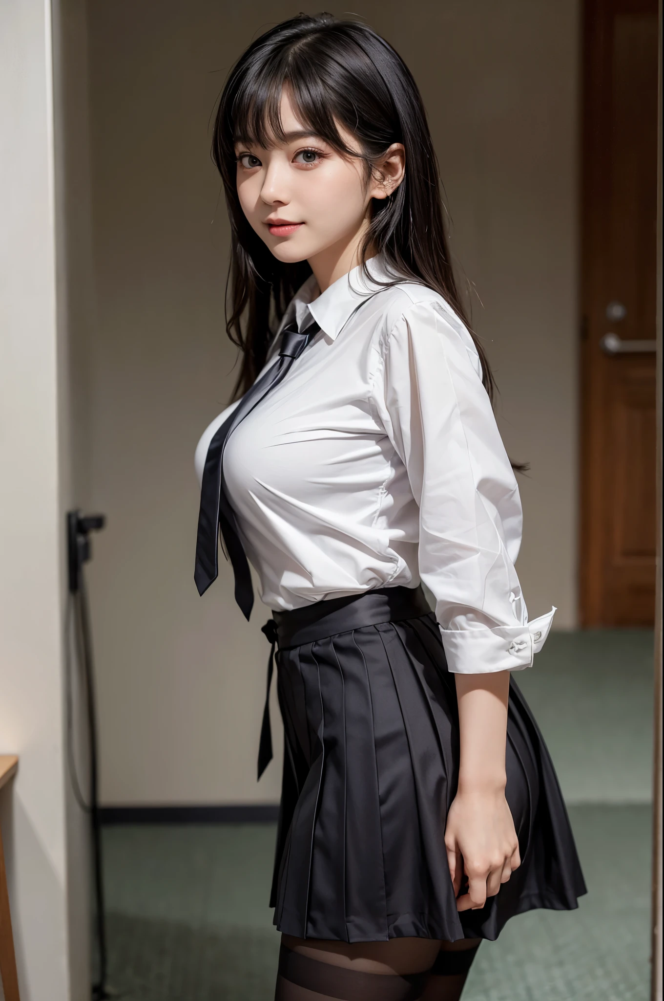 super detailed,very delicately beautiful,Female student,In town,holding on to a stick、(Sticking out her beautiful butt to the camera)、Turning around and looking at the camera、back view、Wear with stockings,Have beautiful eyes, pretty embarrassing, (show off bra:1.5)、(show off panties:1.5)、(open clothes:1.8)、(No bra:1.8)、No panties, pleated skirt, RAW photo, 8K, highest quality, ultra high resolution, Beautiful face in every detail, ideal skin, gentle expression, Front view, angle from below, realistic, cute, short skirt, cute顔 , (日本の制服を着た超realistic女子高生), whole body、(beautiful and detailed eyes),(loafers),(black very transparent stockings),(pantyhose),smile, (mini skirt, checked skirt), collared shirt,transparent white shirt,tie,bangs、(very big round breasts:1.2),(Check Ribbon Tie),Depth of bounds written,