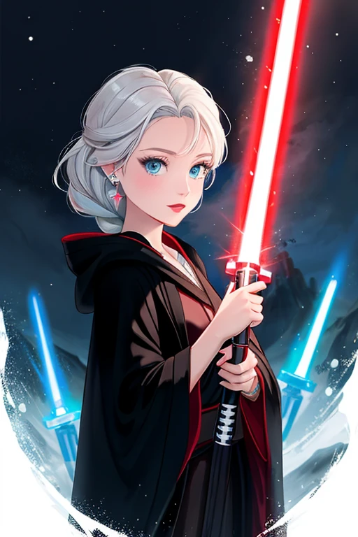 Disney princess from Frozen dressed in a black Sith robe and holding a red Star Wars-style lightsaber in her hands, with the clone army in the background