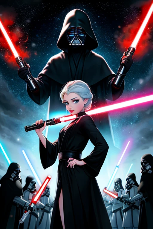 Disney princess from Frozen dressed in a black Sith robe and holding a red Star Wars-style lightsaber in her hands, with the clone army in the background
