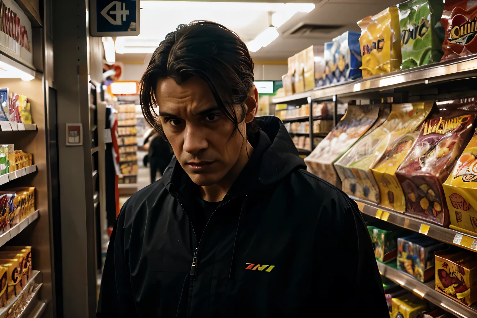((illustration)), ((paleta de cores vibrantes)), dynamic course, ((exaggerated expressions)), sombreamento detalhado: A scared man in a convenience store, ((Estilo Hollywood)), of horror films with aliens with ((dramatic expressions)), a ((atmosfera escura)) stunning scenery and color palette.
