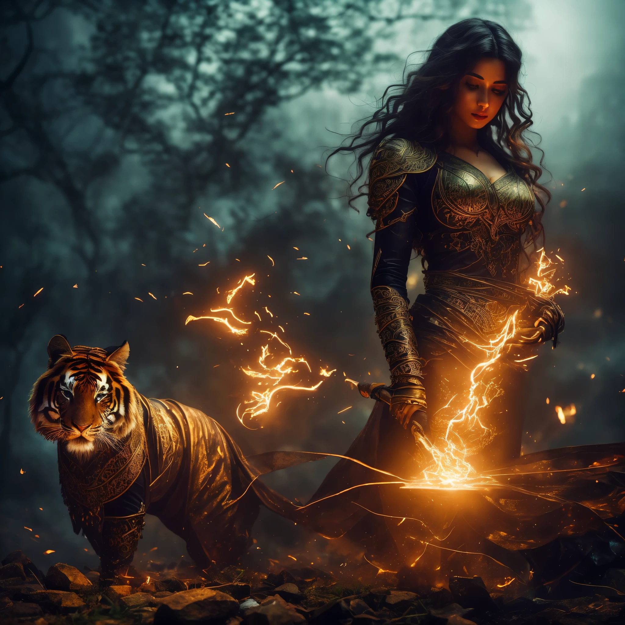 Stable Diffusion prompt: two sorceresses, big breasts, big hair, big hips, bejeweled bodies, henna mystic symbols, cast a ritual to summon a fiery tiger demon, set in ancient ruins, (best quality, 4k, 8k, highres, masterpiece:1.2), ultra-detailed, (realistic, photorealistic, photo-realistic:1.37), HDR, UHD, studio lighting, ultra-fine painting, sharp focus, physically-based rendering, extreme detail description, professional, vivid colors, bokeh, portraits, landscape, horror, anime, sci-fi, photography, concept artists, vibrant color palette, mystical light, eerie atmosphere