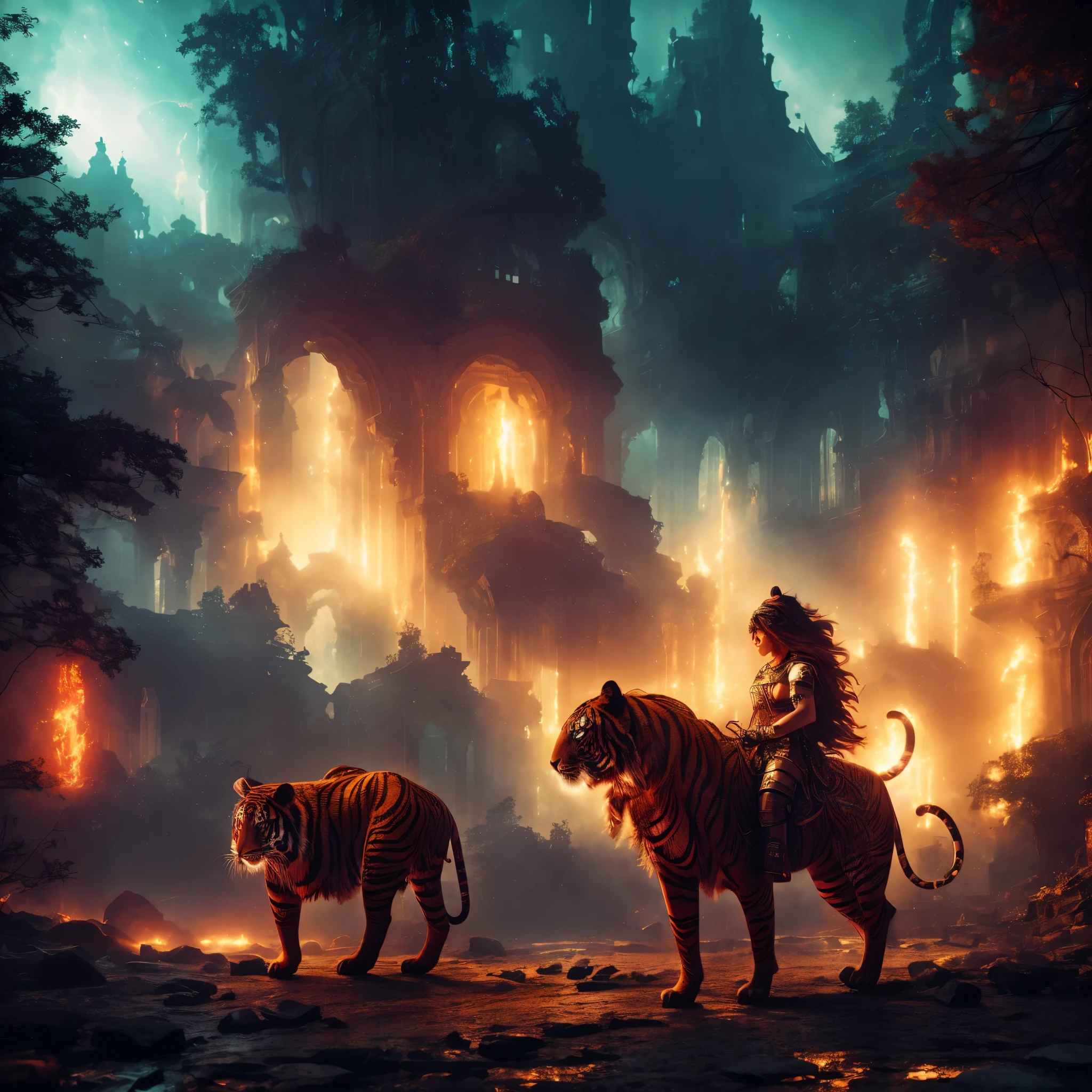 Stable Diffusion prompt: two sorceresses, big breasts, big hair, big hips, bejeweled bodies, henna mystic symbols, cast a ritual to summon a fiery tiger demon, set in ancient ruins, (best quality, 4k, 8k, highres, masterpiece:1.2), ultra-detailed, (realistic, photorealistic, photo-realistic:1.37), HDR, UHD, studio lighting, ultra-fine painting, sharp focus, physically-based rendering, extreme detail description, professional, vivid colors, bokeh, portraits, landscape, horror, anime, sci-fi, photography, concept artists, vibrant color palette, mystical light, eerie atmosphere