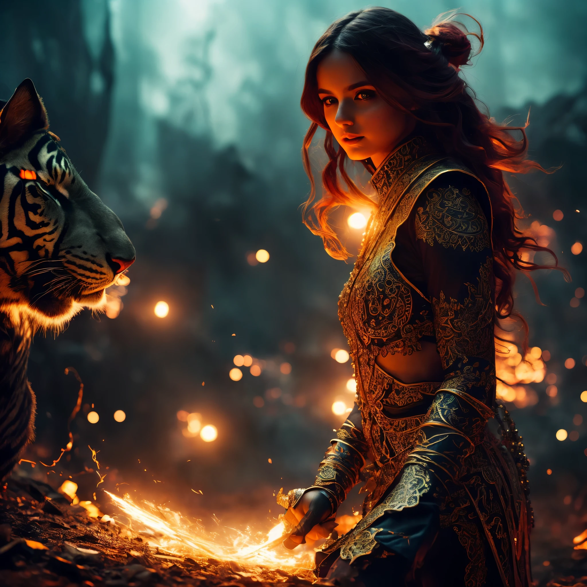 Stable Diffusion prompt: two sorceresses, big breasts, big hair, big hips, bejeweled bodies, henna mystic symbols, cast a ritual to summon a fiery tiger demon, set in ancient ruins, (best quality, 4k, 8k, highres, masterpiece:1.2), ultra-detailed, (realistic, photorealistic, photo-realistic:1.37), HDR, UHD, studio lighting, ultra-fine painting, sharp focus, physically-based rendering, extreme detail description, professional, vivid colors, bokeh, portraits, landscape, horror, anime, sci-fi, photography, concept artists, vibrant color palette, mystical light, eerie atmosphere
