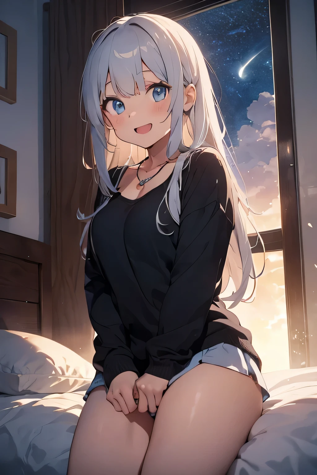 (((highest quality))), ((super detailed)),((very delicate and beautiful)), ((16k)), girl, silver hair, light blue eyes, necklace, Wearing cute and adorable costumes, (smile), Bedroom, beautiful eyes, Fluffy pajamas, tattoo tattoo, ((night)), 🌙, open your mouth, (((sexy:1.2))),