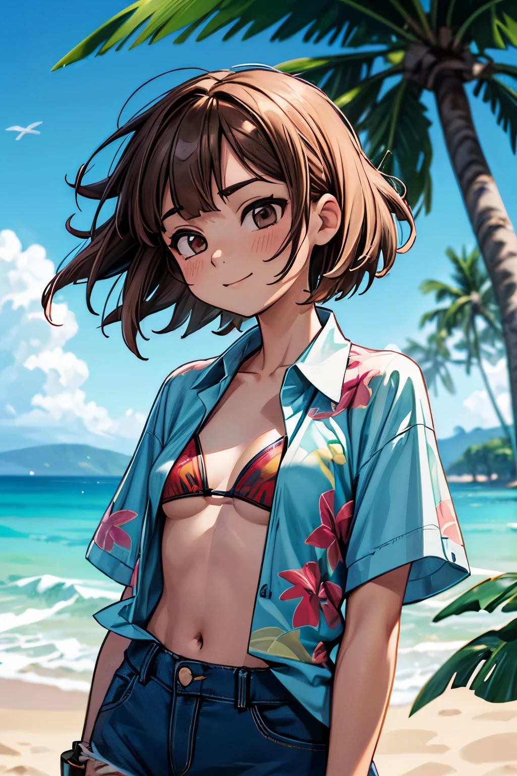 ((Masterpiece)), ((best quality)), (High Definition:1.3), (Professional Photography:1.2), (short sleeve hawaiian shirt, aloha shirt:1.3), (open shirt:1.4), happy smile, denim hotpants, pale thighs, (beautiful age girl), pale brown hair, (medium hair), beach, blue sky and sea, one eye closed, (small waist), 8k, official art, raw photo, incredibly absurdres, facelight, dynamic lighting, cinematic lighting, (bikini top), ultra realistic, highres, film grain, chromatic aberration, sharp focus, highest detailed, (palm tree), extremely detailed eyes and face, (Hair that flutters in the wind),
