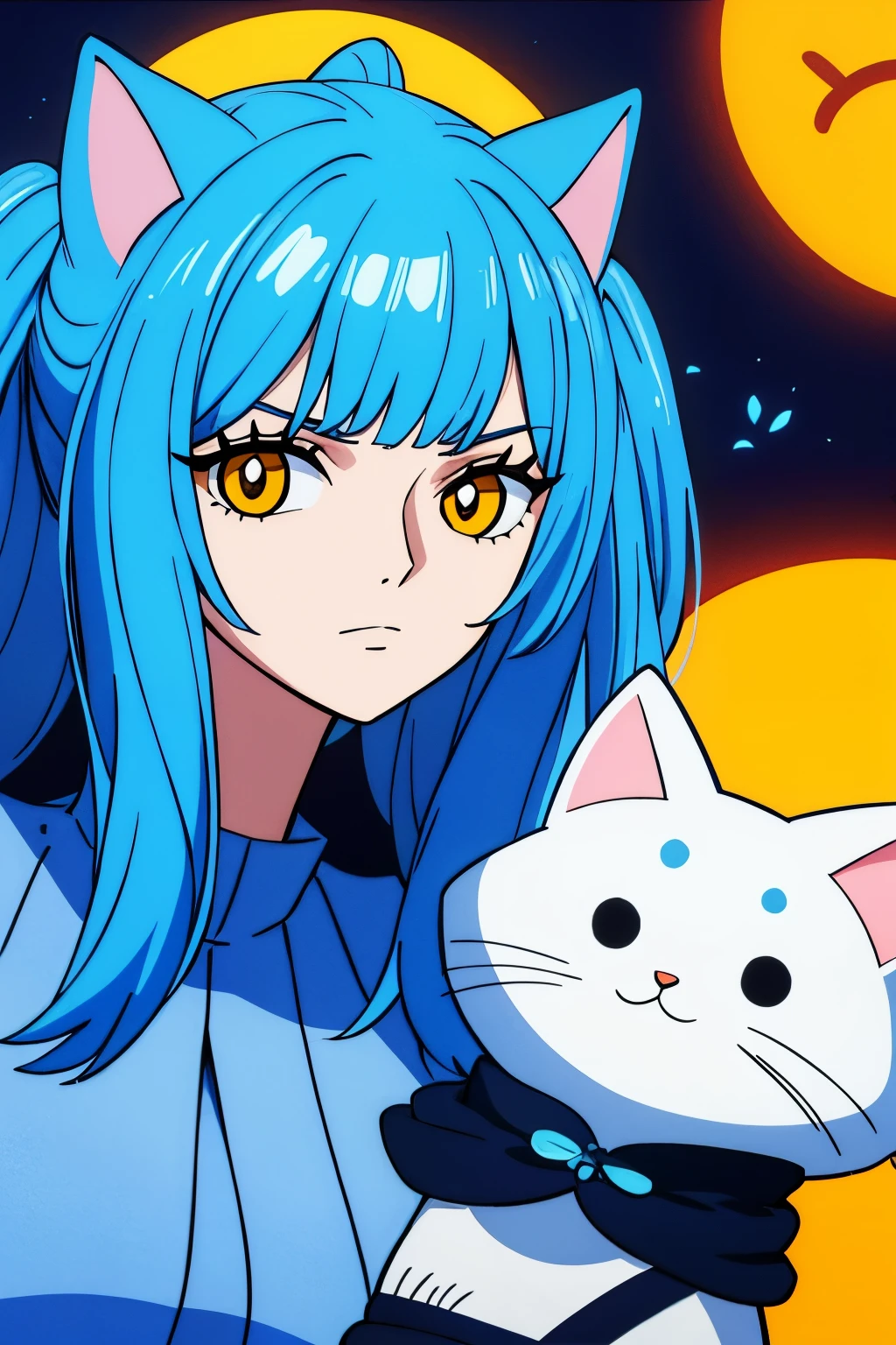 I want an anthropomorphic cat, ela tem longos cabelos pretos, usa um terno em azul com detalhes em dourado