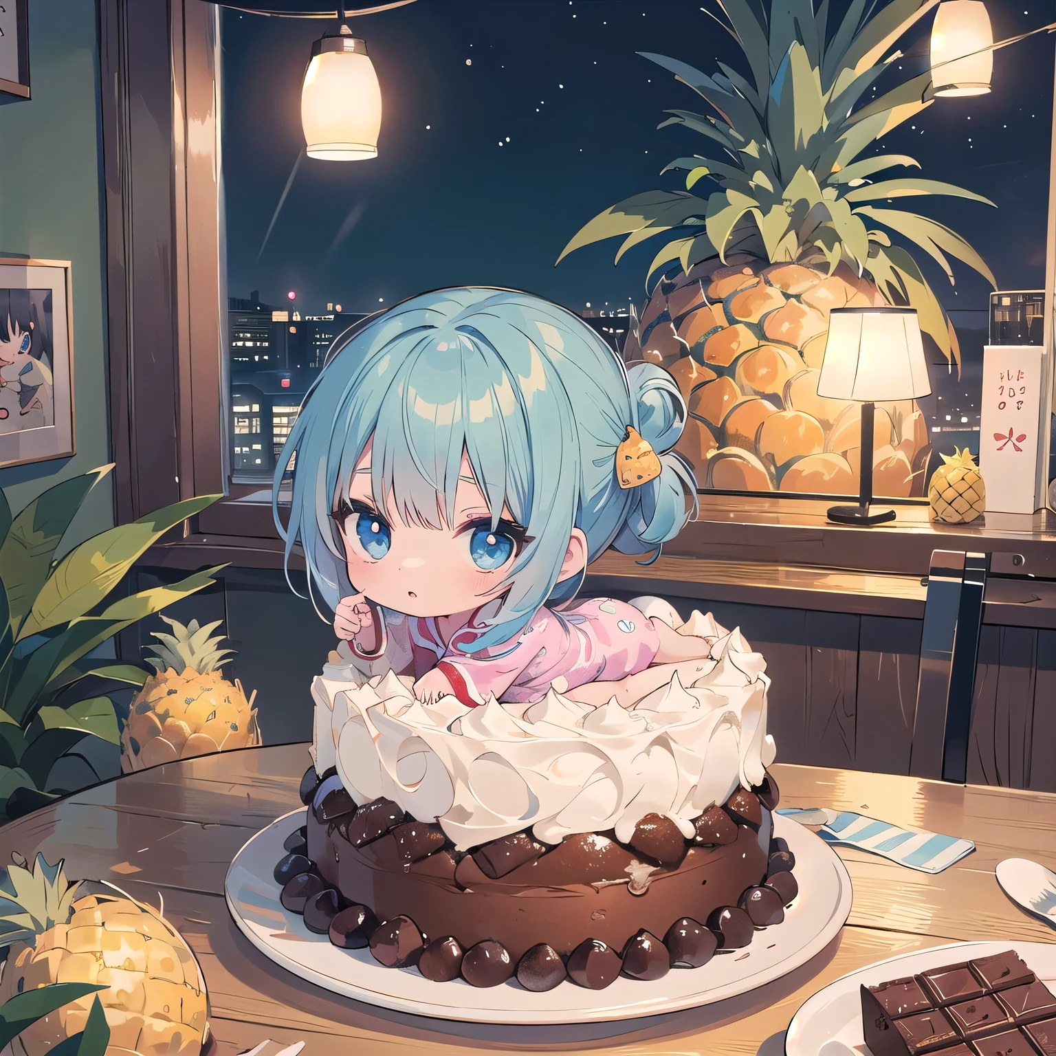 bedroom, chibi in one piece pajamas holding a pineapple, passion color, anime art wallpaper 8k, masterpeace, gweiz style artwork, soft anime illustration, gweiz art station pixiv, Google on Pix Art station, chibi , pineapple, light blue chignon hair,stay night,full body,Extra large chocolate cake on the table