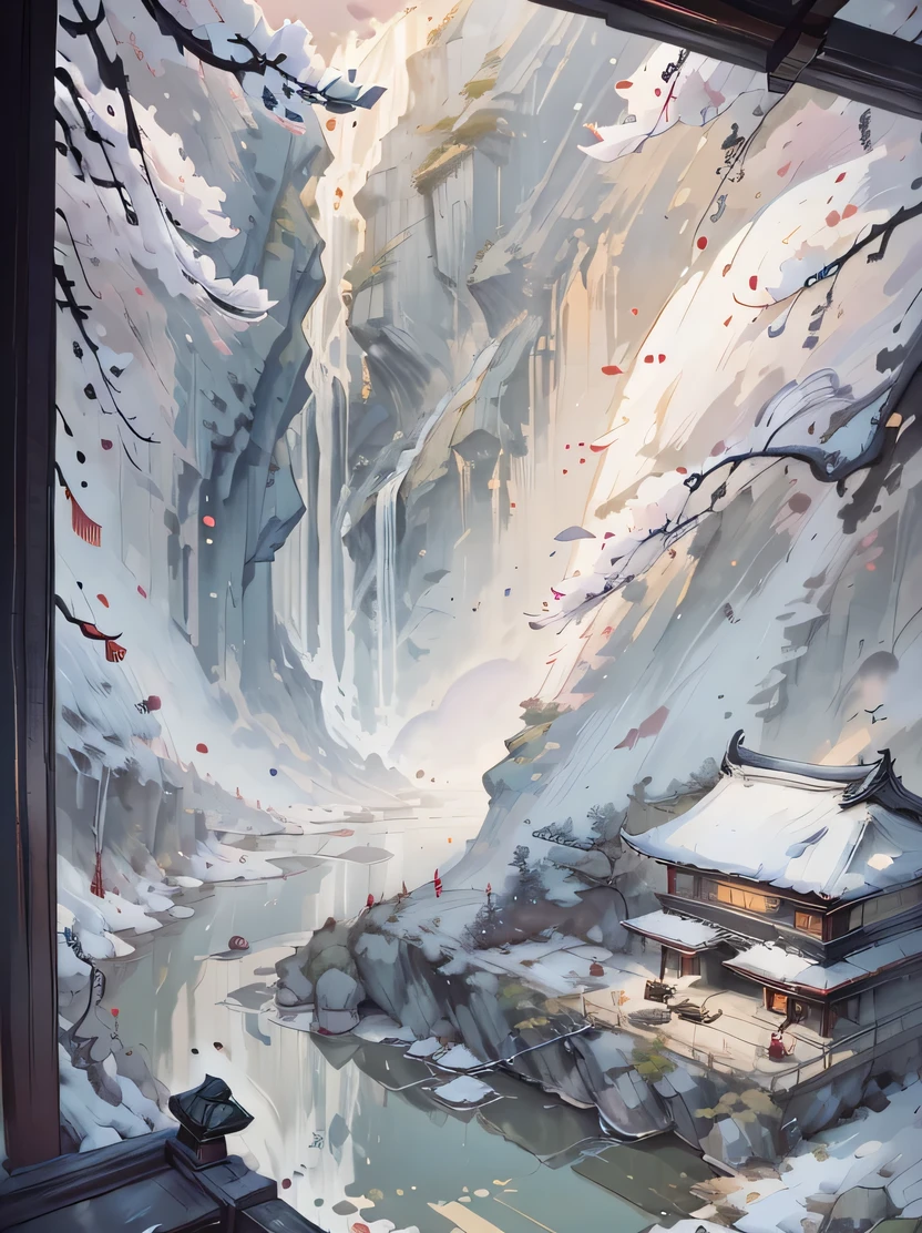 ((masterpiece、highest quality、genuine、Super detailed、High resolution))、traditional chinese style、Landscape painting、白と黒の中国ink、水彩ink、ink、impurities、winter、snow、大snow、遠方の山は厚いsnowで覆われている、wide irregular circular lake、 An old man is fishing on a boat、ultra wide angle lens、ancient chinese poetry、Shuimobisim