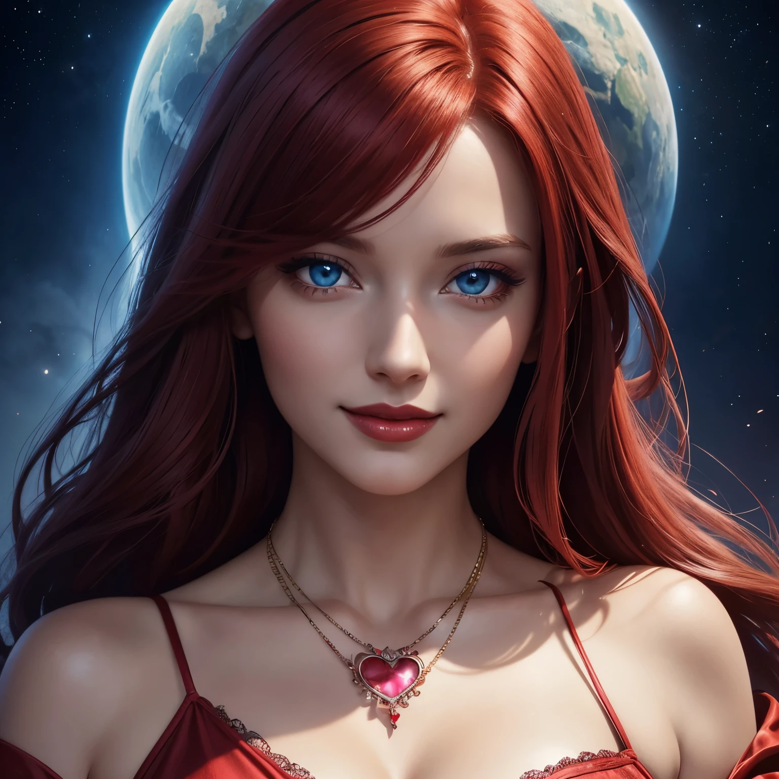 Portrait, beautiful woman with red hair and a silky red dress, wearing a large heart-shaped necklace, hourglass figure, symmetrical figure, highly detailed face, beautiful face, calming blue eyes, lush red lips, smiling, alluring, stunning digital illustration, cosmic fantasy background, beautiful digital artwork, magenta lighting, glossy digital painting, gorgeous digital art, 4k detailed digital art, beautiful digital illustration, 4k highly detailed digital art, beautiful digital art, realistic digital art 4k, realistic digital art 4k, airbrush digital art