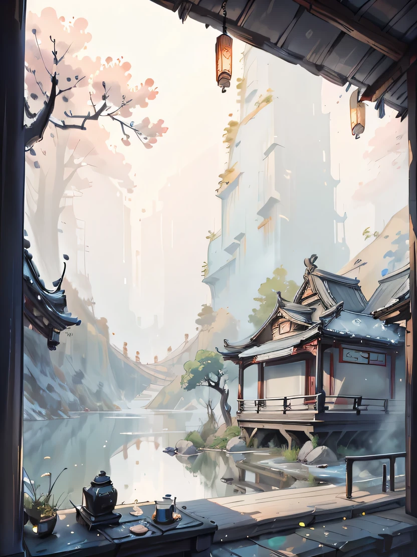 ((masterpiece、highest quality、genuine、Super detailed、High resolution))、traditional chinese style、Landscape painting、白と黒の中国ink、水彩ink、ink、impurities、winter、snow、大snow、遠方の山は厚いsnowで覆われている、wide irregular circular lake、 An old man is fishing on a boat、ultra wide angle lens、ancient chinese poetry、Shuimobisim
