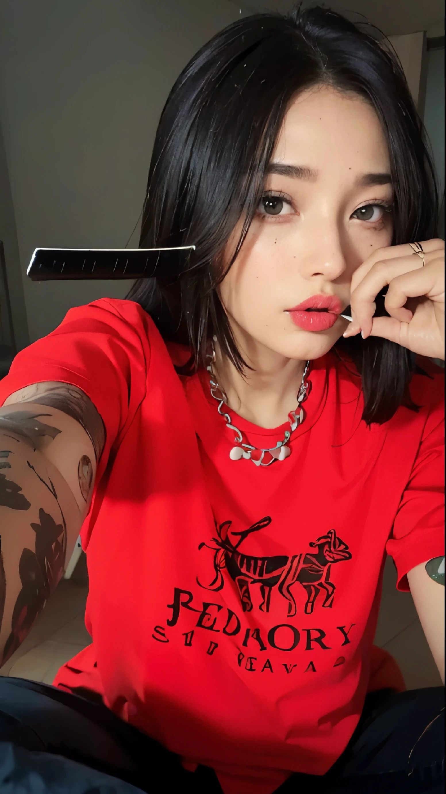 Arafed woman with red shirt and black hair combing her hair, 👰 🏇 ❌ 🍃, 🚿🗝📝, 🤬 🤮 💕 🎀, remera roja, tomado en 2 0 2 0, 🪔 🎨;🌞🌄, 🔞🤡, 👁🌹👾, jefe, 👅 👅, # jefe