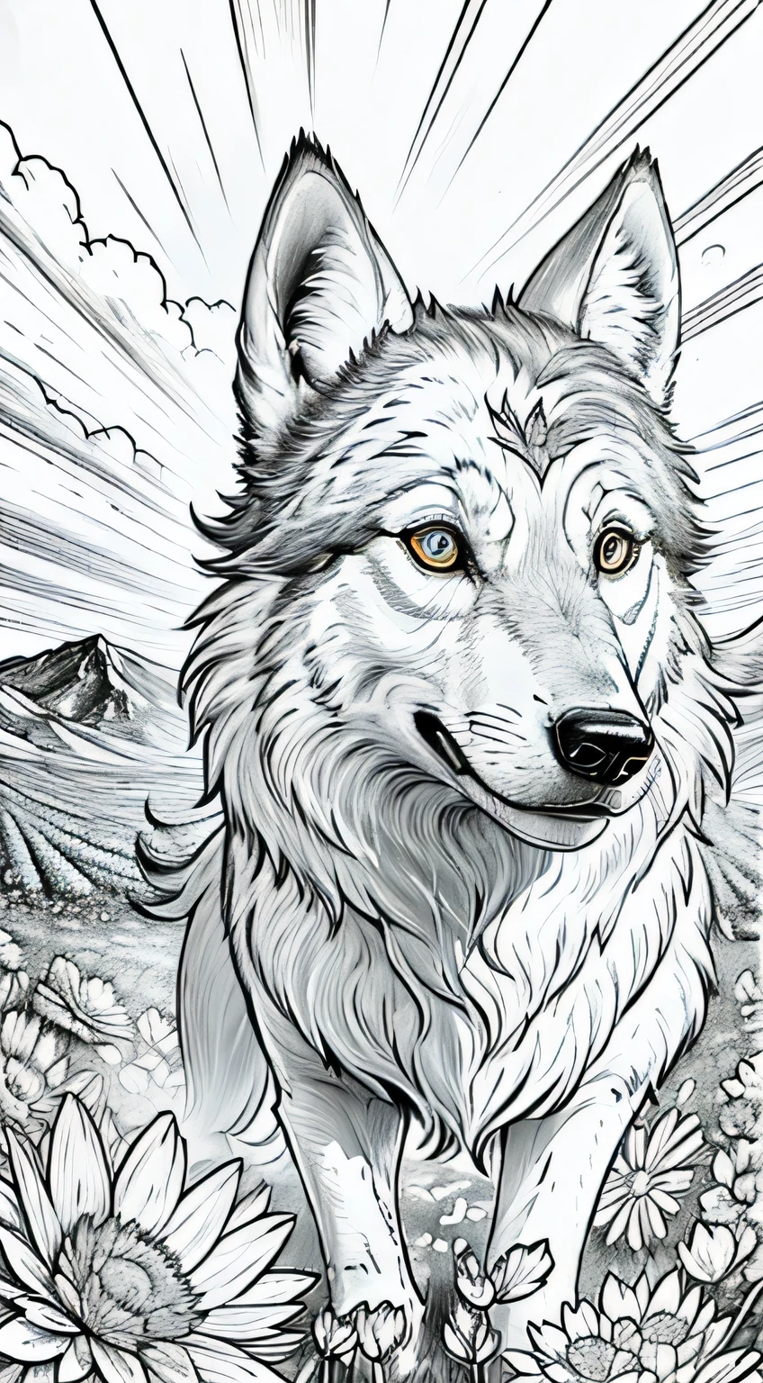 a wolf looking at camera, (field of flowers), ((closeup)), portrait, clouds, line art