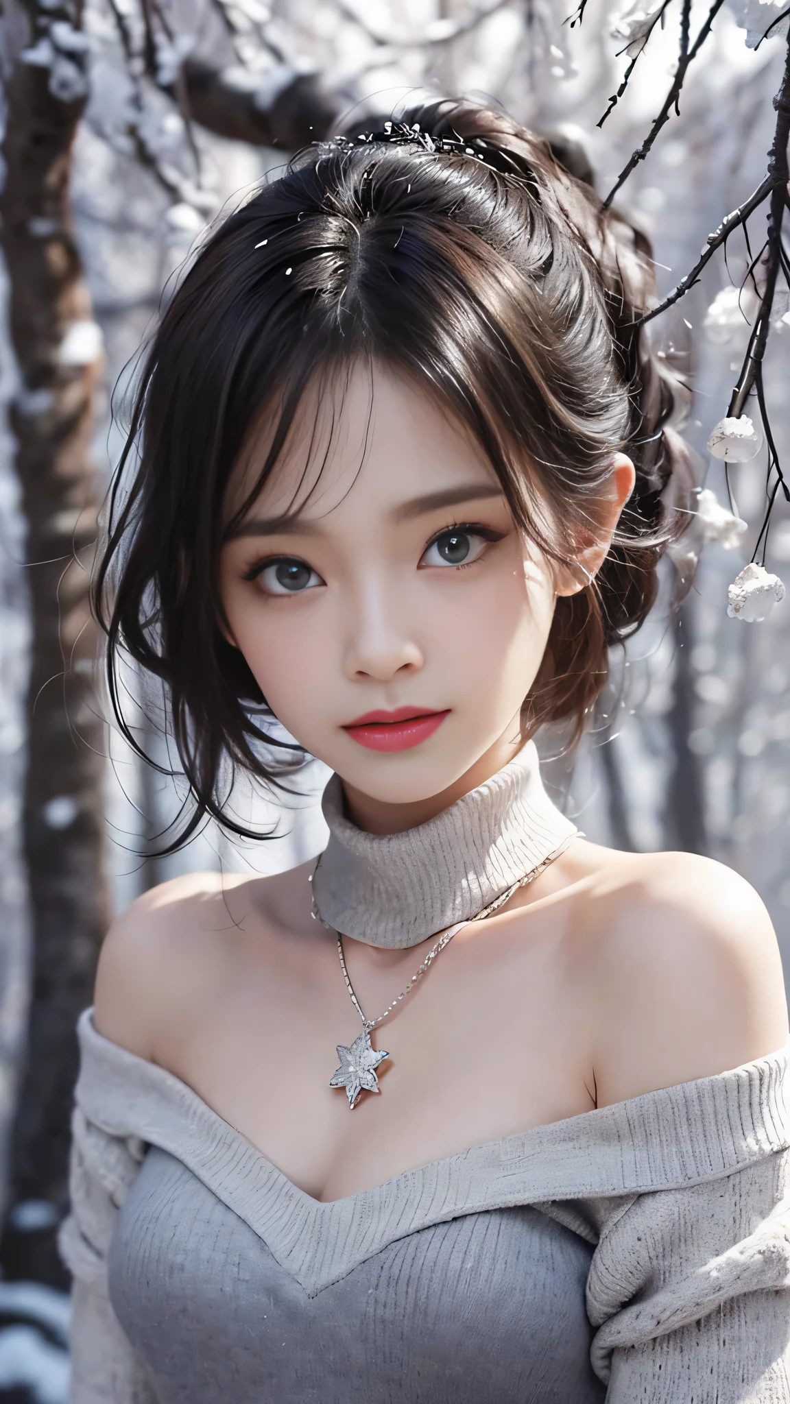 (Close-up:1.4)、(RAW photo:1.2)、(photorealistic:1.4)、(masterpiece:1.3)、(highest quality:1.4)、solo、7 head and body、(beautiful detailed eyes)、(charming big eyes)、(beautiful double eyelids)、(beautiful and detailed face)、(gentle smile:1.2)、(Detailed clothing features)、Clear skin、(shiny skin)、(slender and beautiful girl)、(beautiful leg line)、(full body shot)、(cute face)、(cute:1.2)、(gentle smile:1.2)、(huge breasts)、beautiful breasts、(cleavage)、(erect nipples:1.2)、bangs、(short bob:1.2)、(loose white wool sweater、off shoulder、tight mini skirt、black thick pantyhose、Snow boots:1.3)、(perfect anatomy:1.2)、erotic、(snow mountain、snow scene:1.3)、Snow flickers、Bokeh、