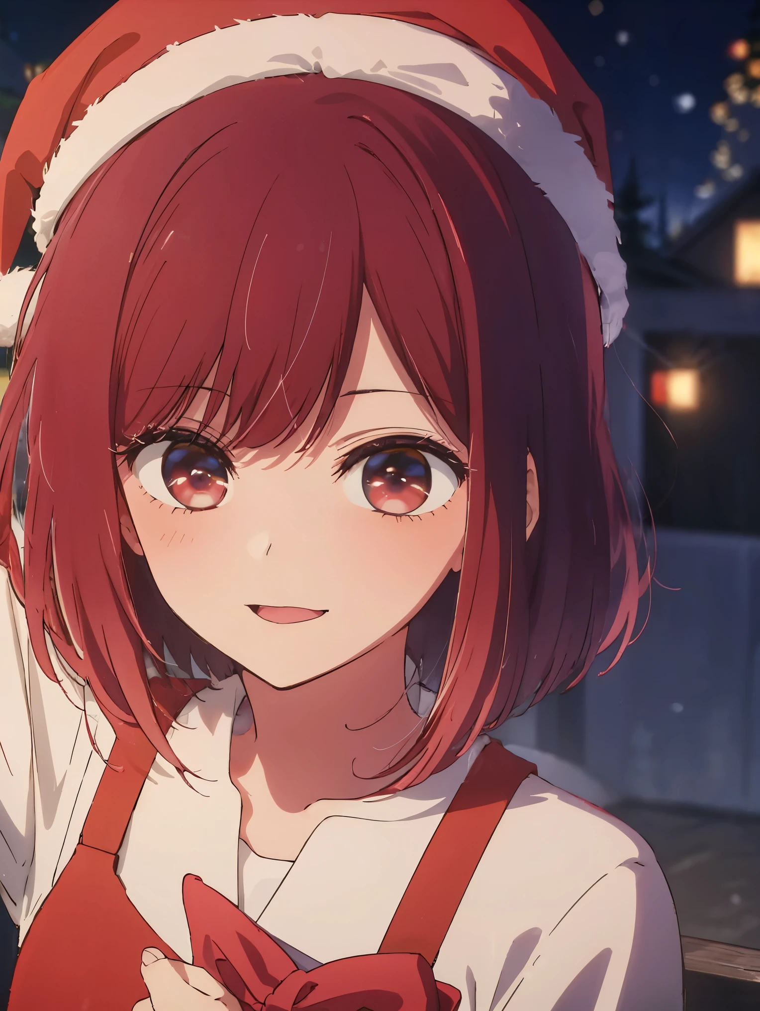 masterpiece、very detailed、(1 girl:1.2)、redhead、Big eyes、(((Close-up)))、smile、short hair、(((anime style)))、(((2D)))、red eyes、open your mouth、(((Santa Cosplay)))、(((Christmas)))、8K、