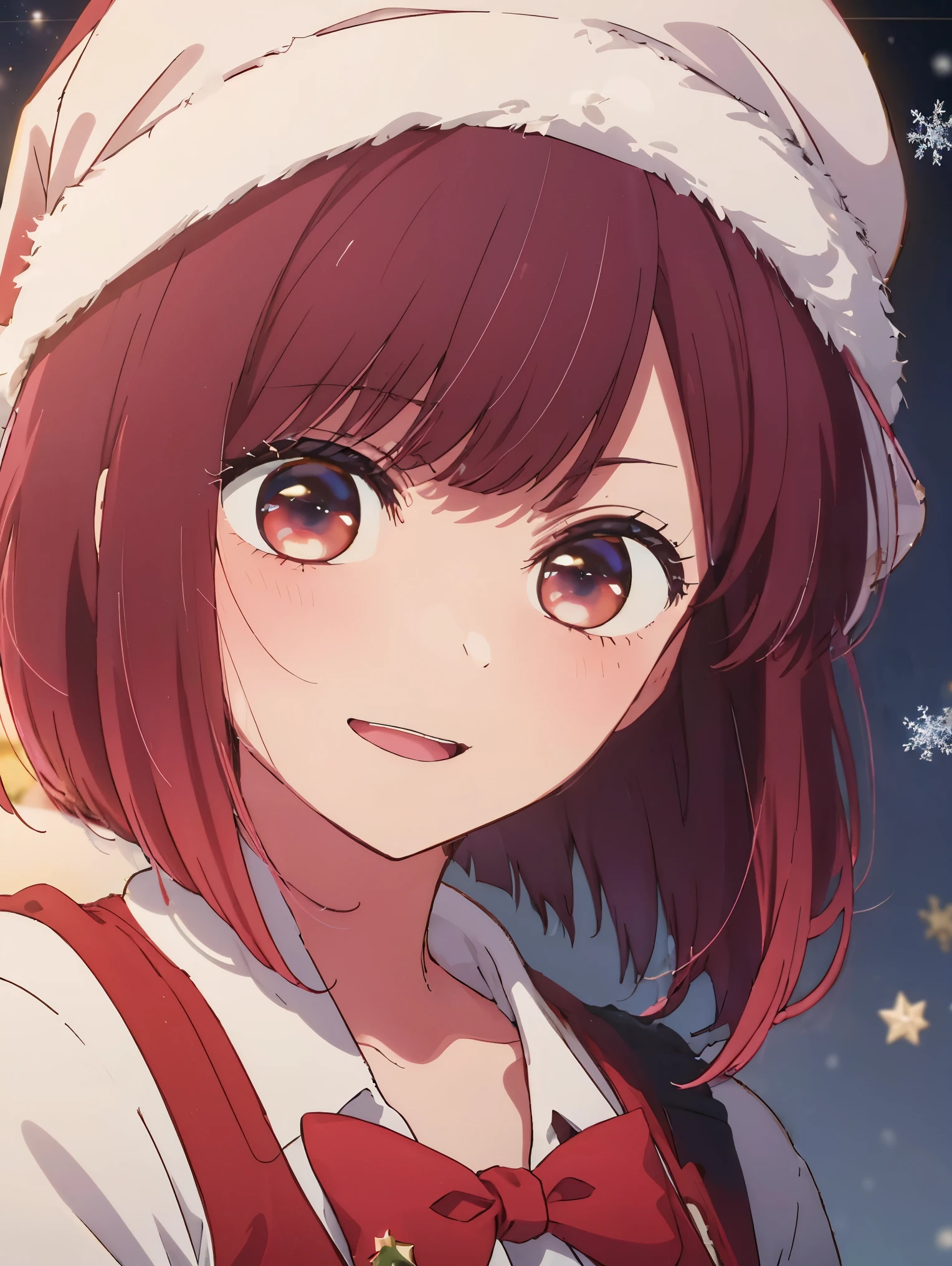 masterpiece、very detailed、(1 girl:1.2)、redhead、Big eyes、(((Close-up)))、smile、short hair、(((anime style)))、(((2D)))、red eyes、open your mouth、(((Santa Cosplay)))、(((Christmas)))、8K、